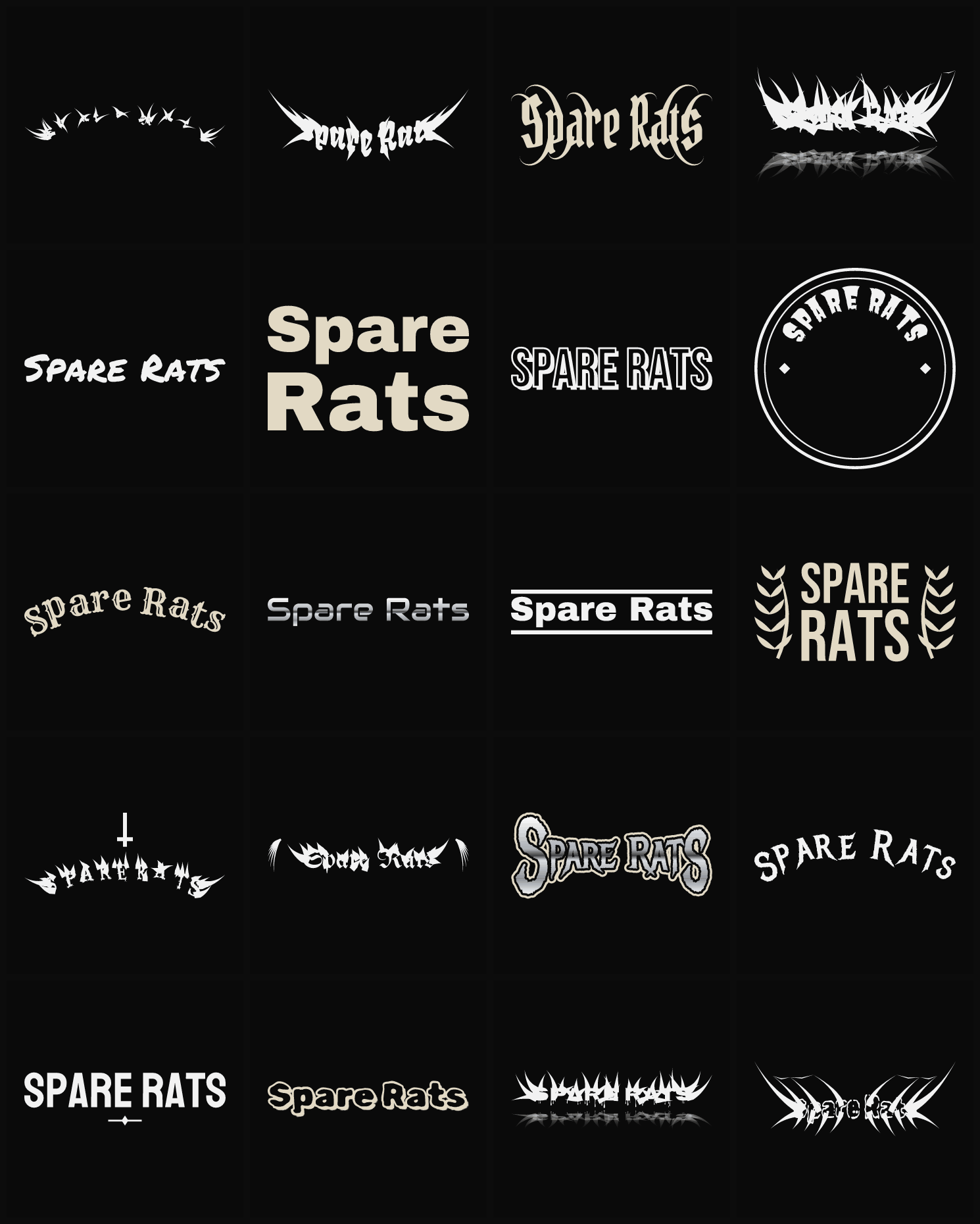 Twenty Spare Rats band logo ideas — different faces, treatments and spike settings
