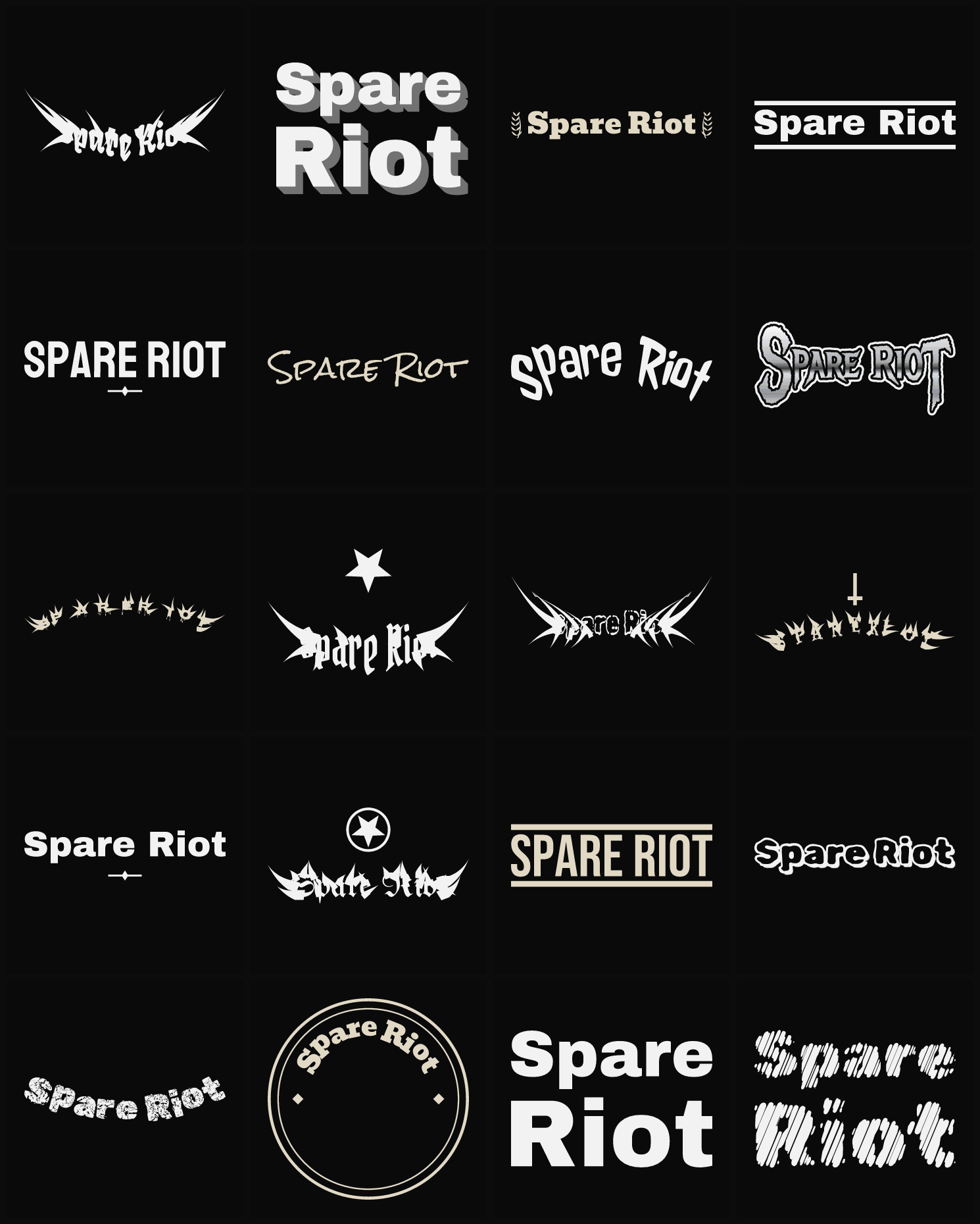Twenty Spare Riot band logo ideas — different faces, treatments and spike settings