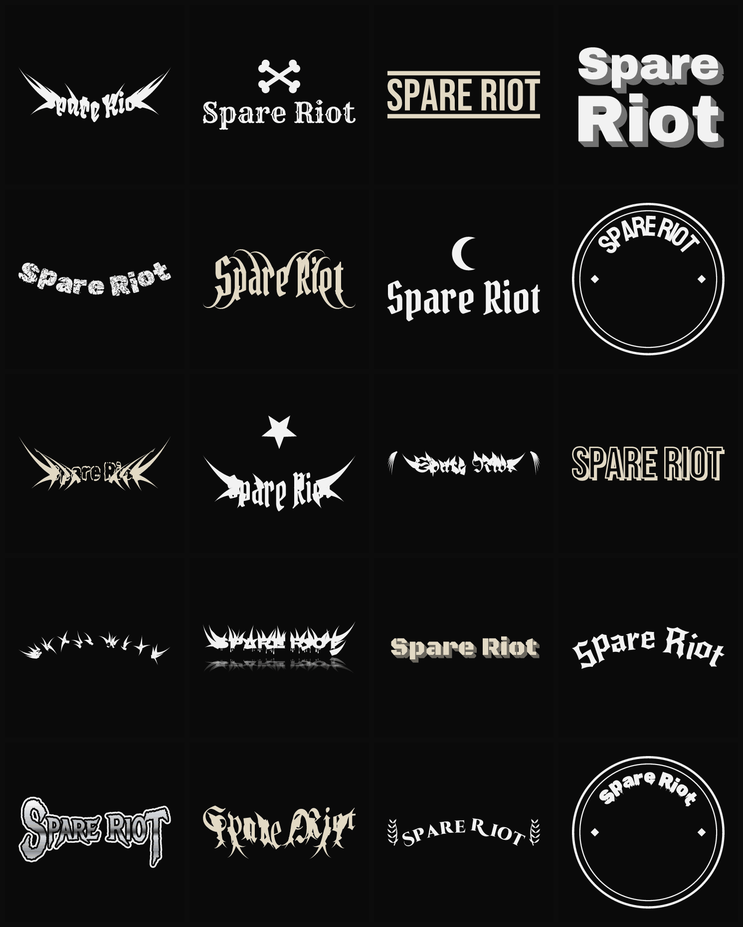 Twenty Spare Riot band logo ideas — different faces, treatments and spike settings