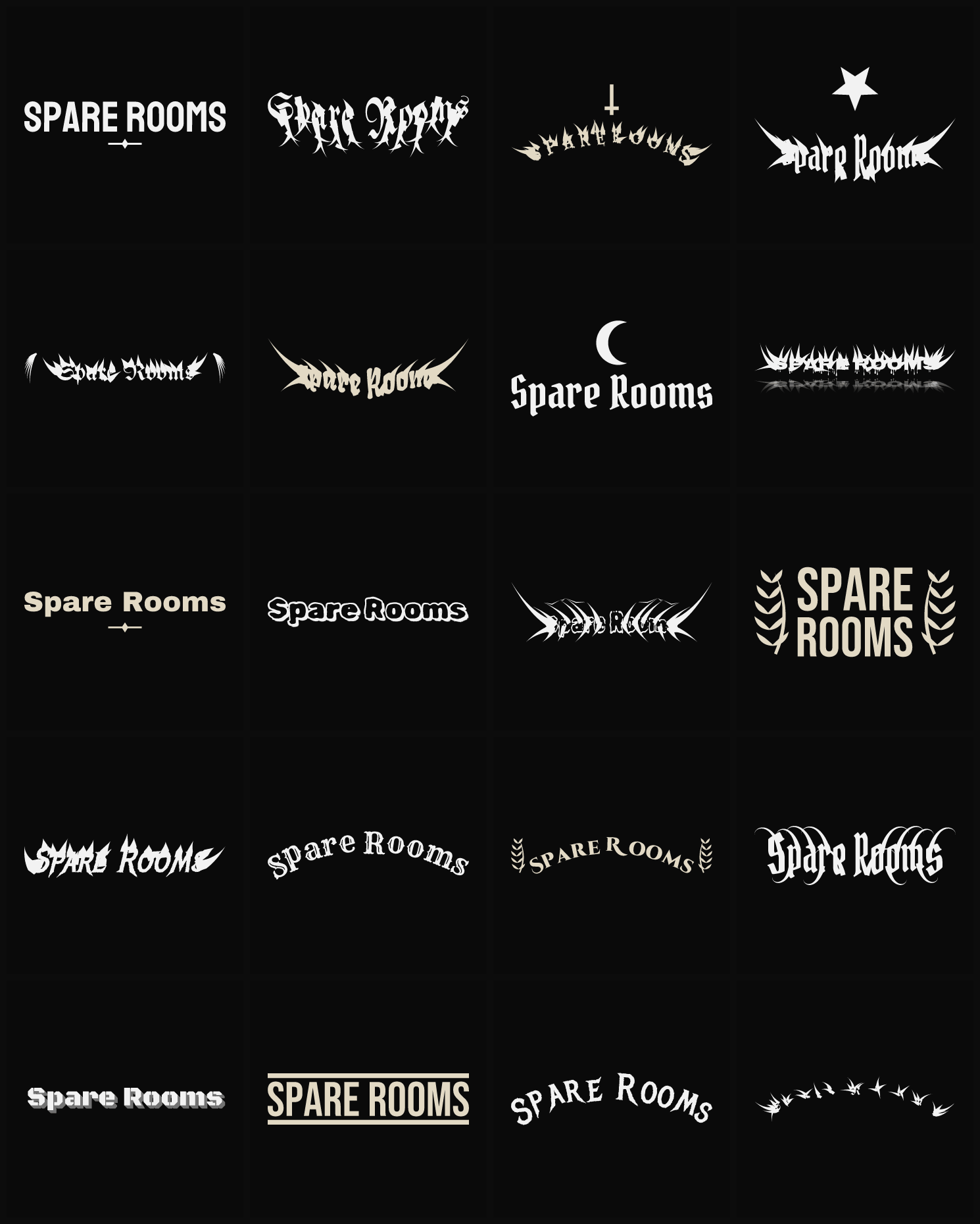 Twenty Spare Rooms band logo ideas — different faces, treatments and spike settings