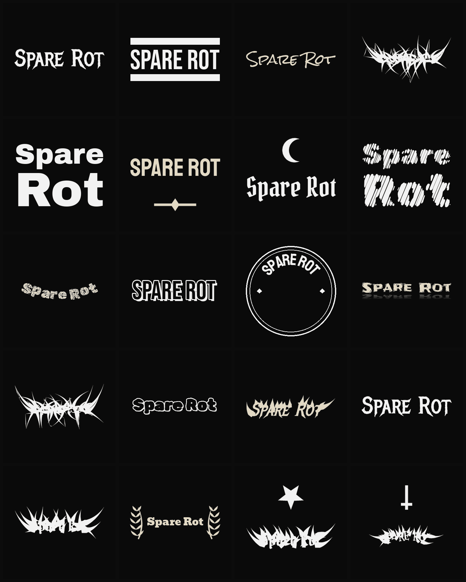 Twenty Spare Rot band logo ideas — different faces, treatments and spike settings