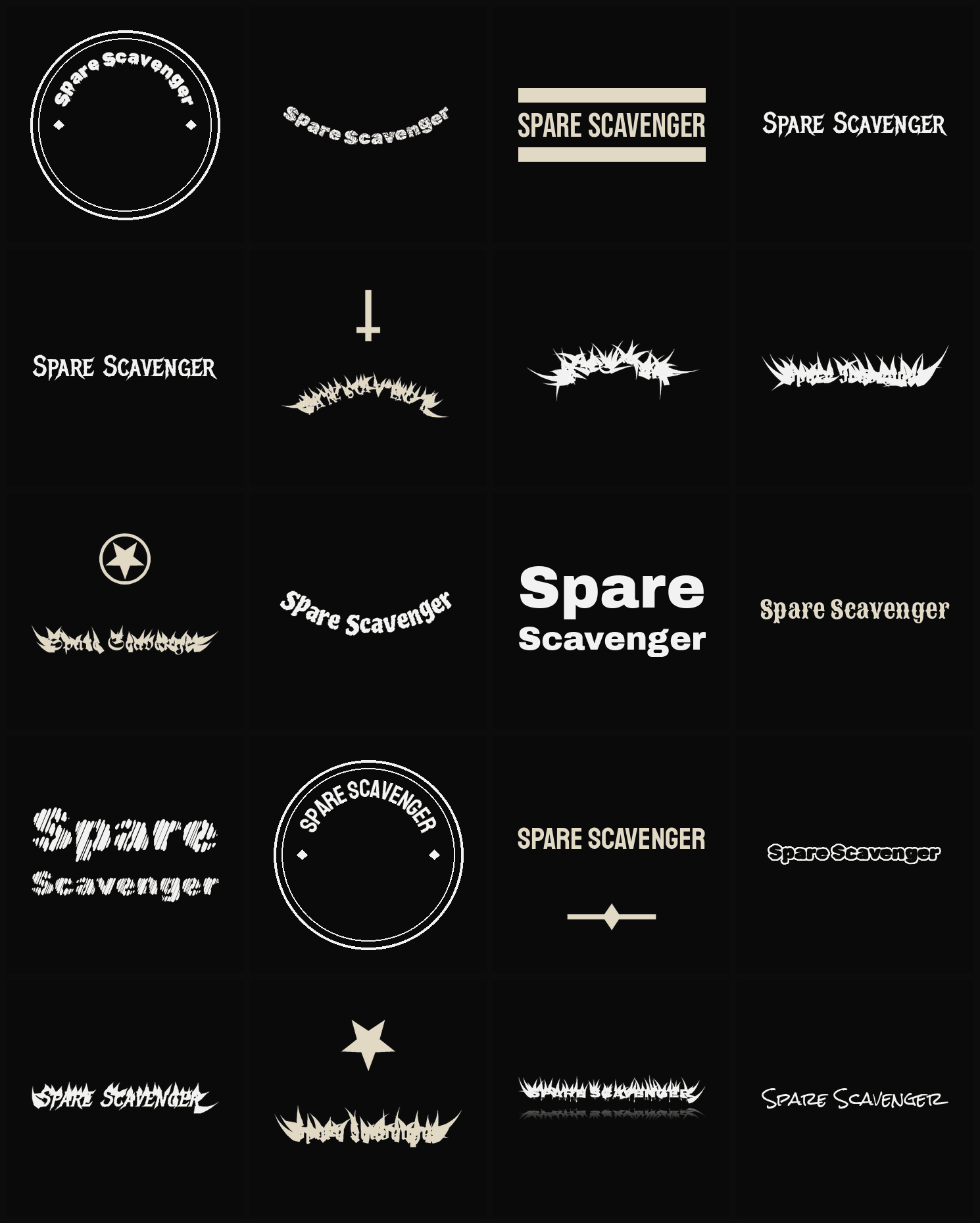 Twenty Spare Scavenger band logo ideas — different faces, treatments and spike settings