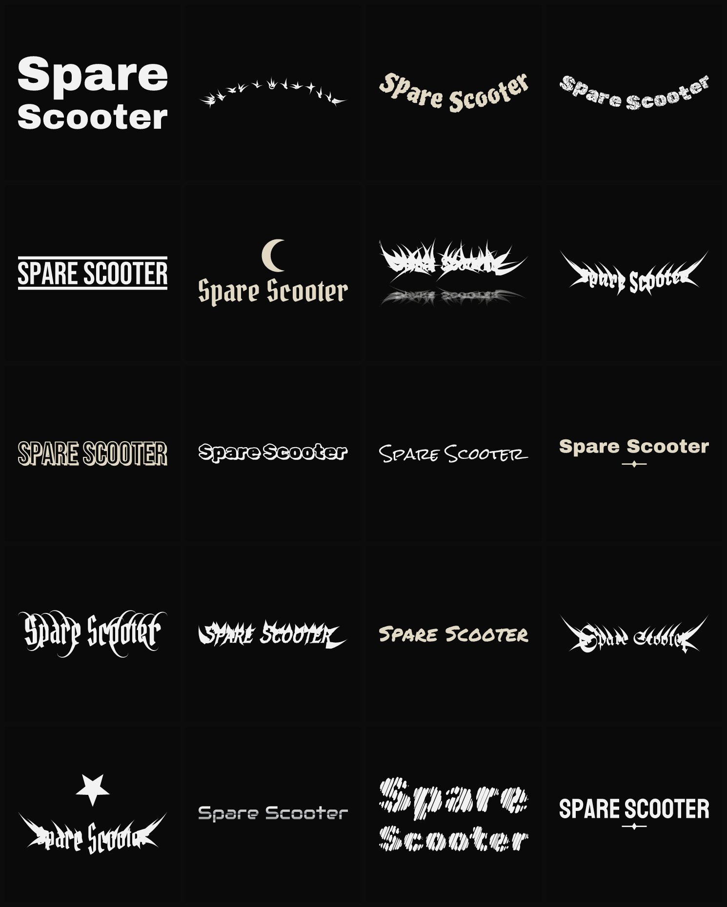 Twenty Spare Scooter band logo ideas — different faces, treatments and spike settings