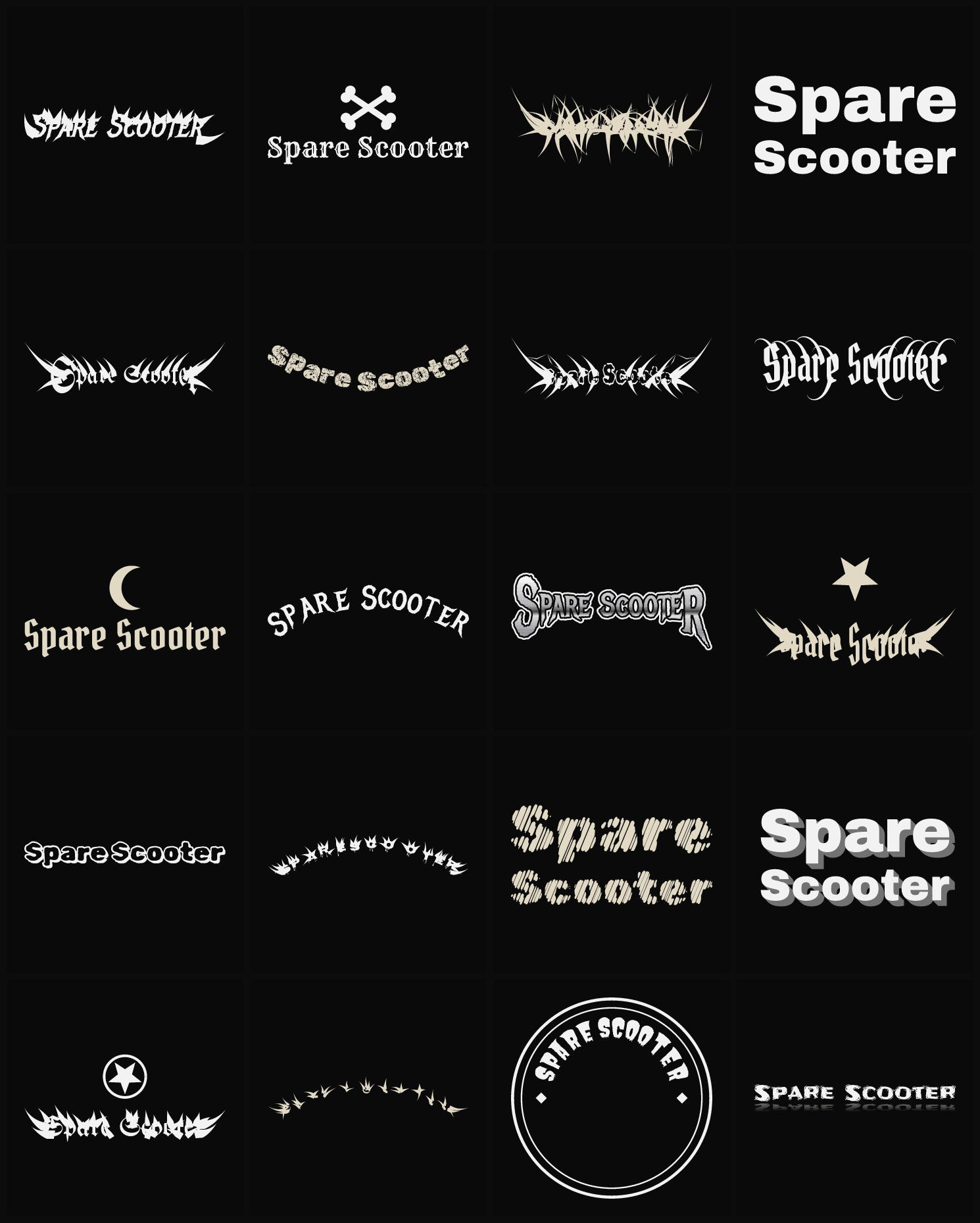Twenty Spare Scooter band logo ideas — different faces, treatments and spike settings