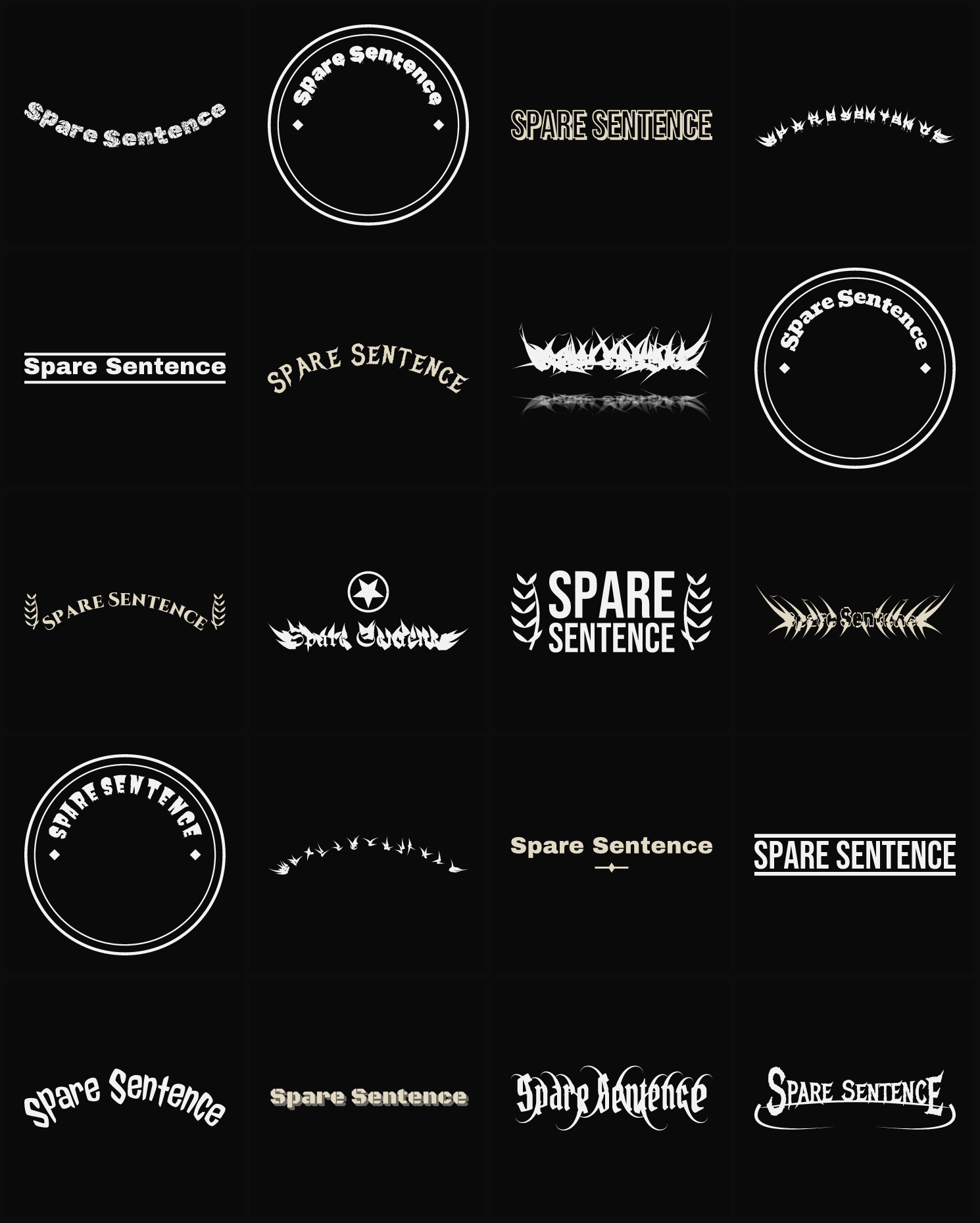 Twenty Spare Sentence band logo ideas — different faces, treatments and spike settings
