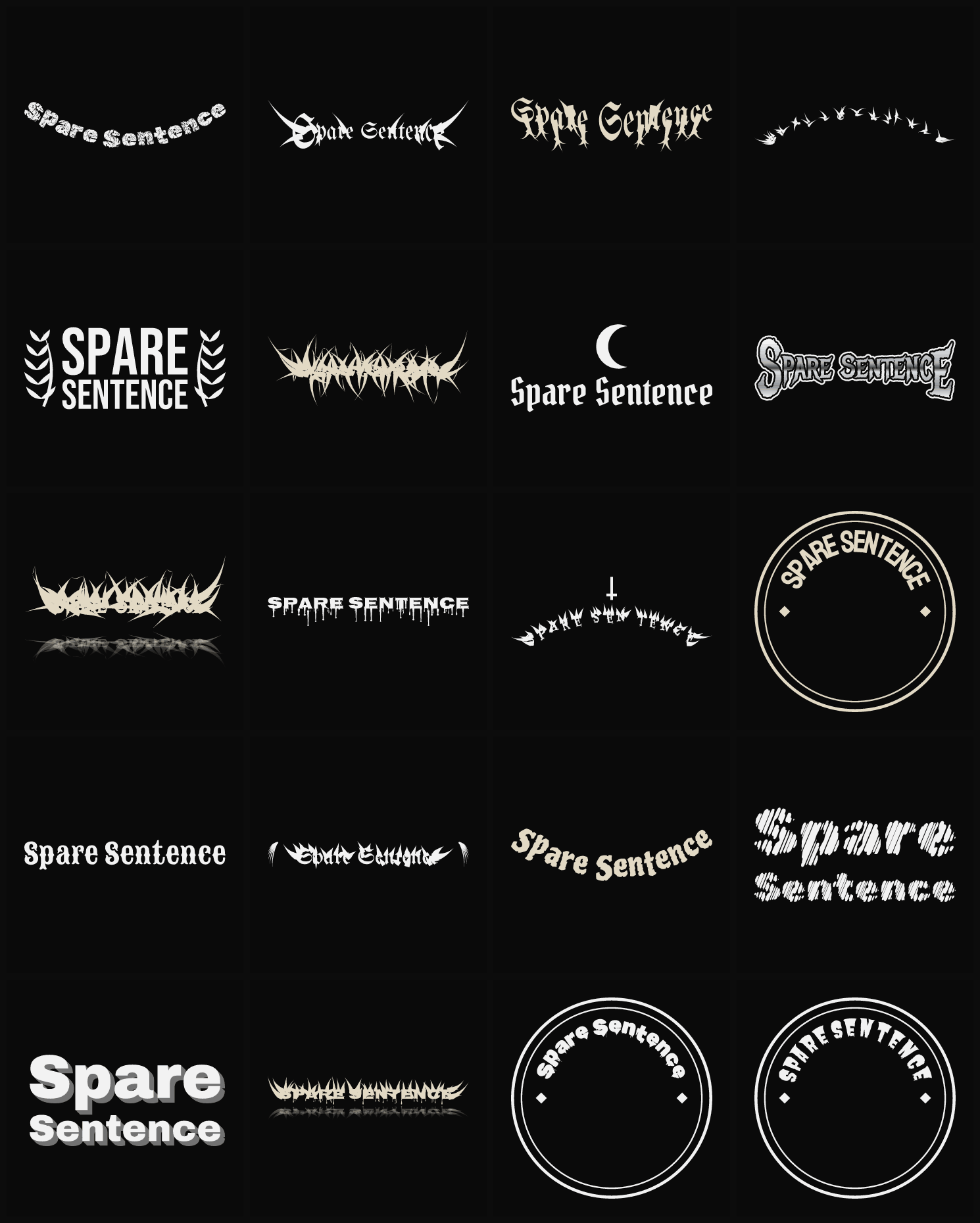 Twenty Spare Sentence band logo ideas — different faces, treatments and spike settings