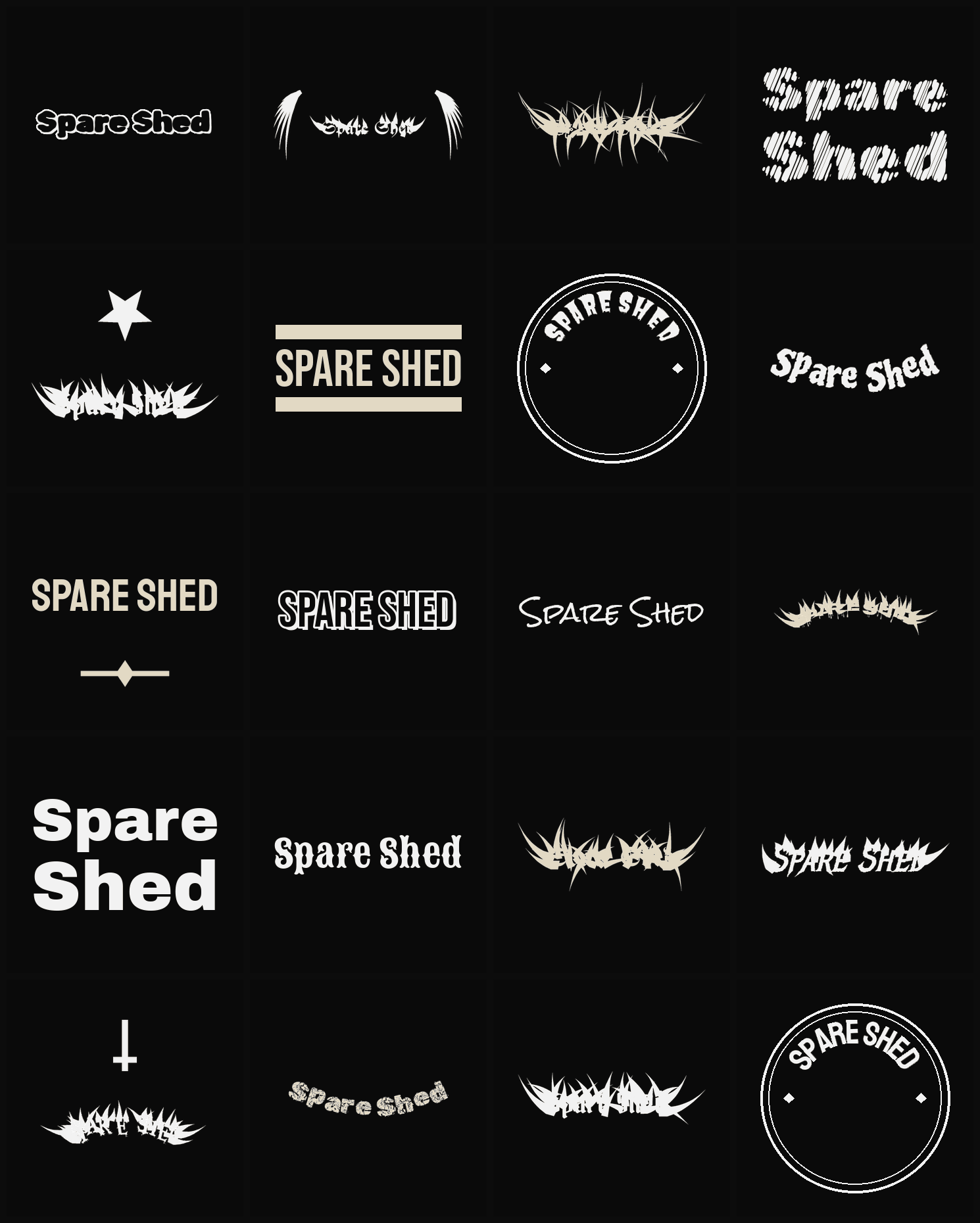 Twenty Spare Shed band logo ideas — different faces, treatments and spike settings