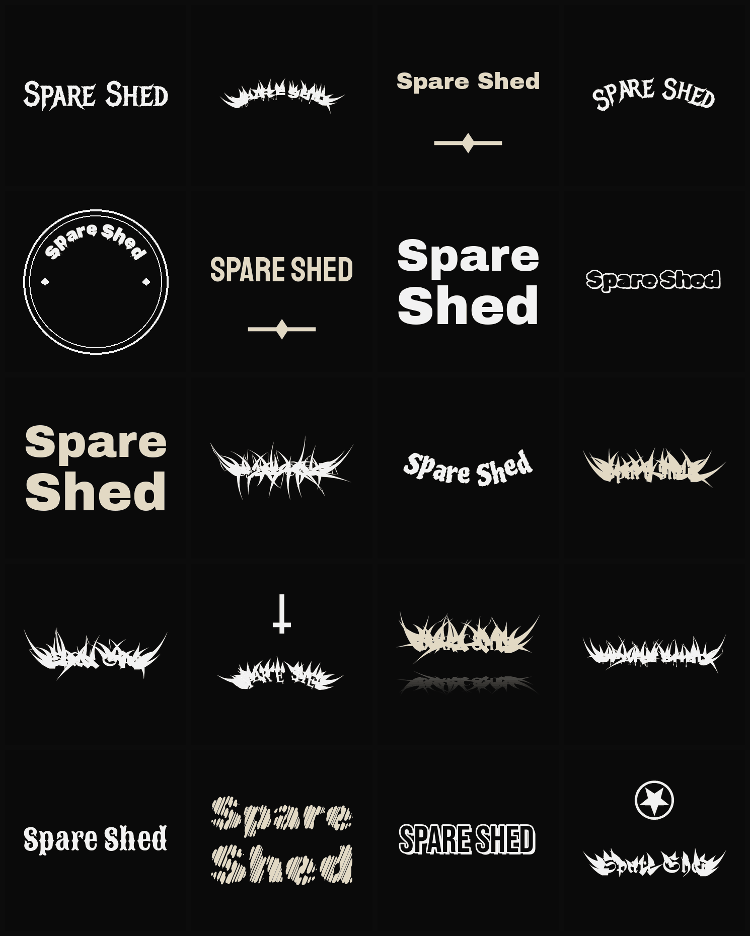 Twenty Spare Shed band logo ideas — different faces, treatments and spike settings