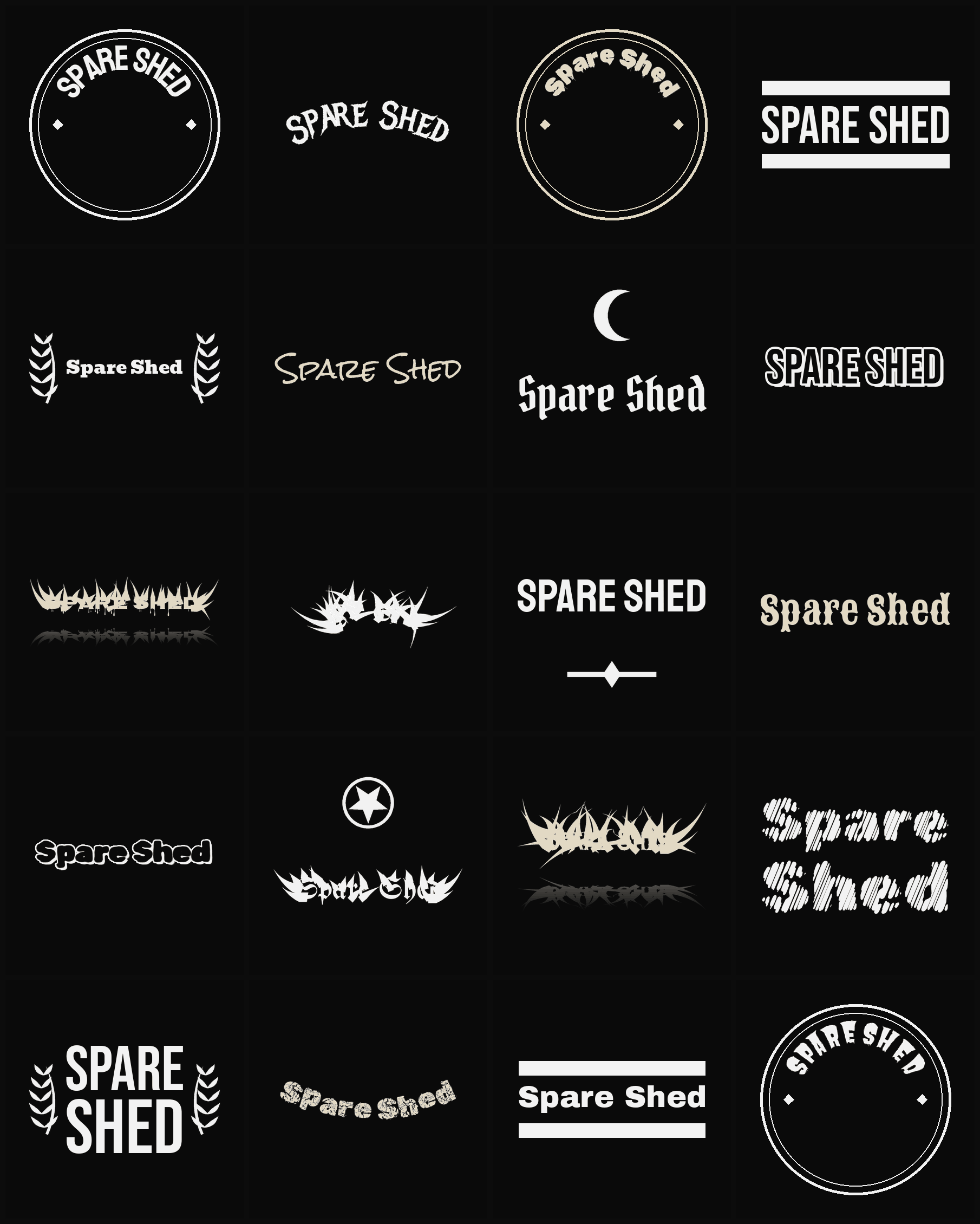 Twenty Spare Shed band logo ideas — different faces, treatments and spike settings