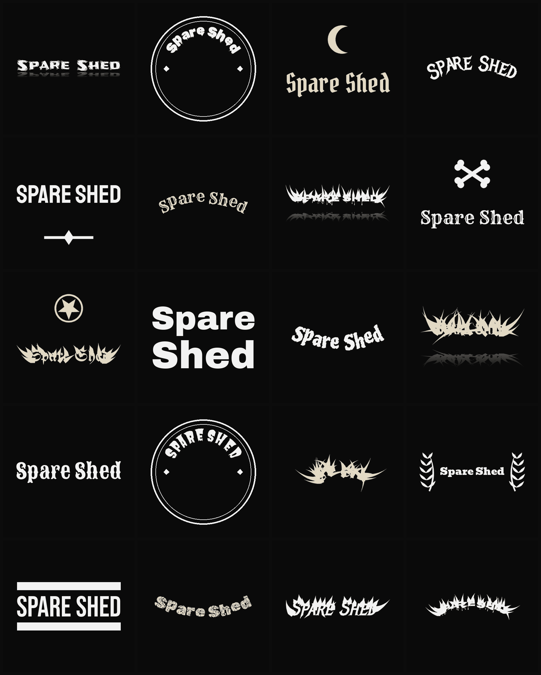Twenty Spare Shed band logo ideas — different faces, treatments and spike settings