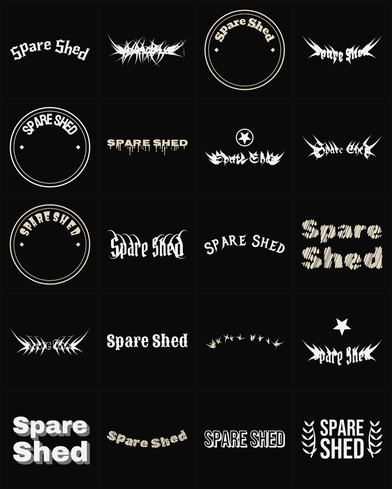 Twenty Spare Shed band logo ideas — different faces, treatments and spike settings