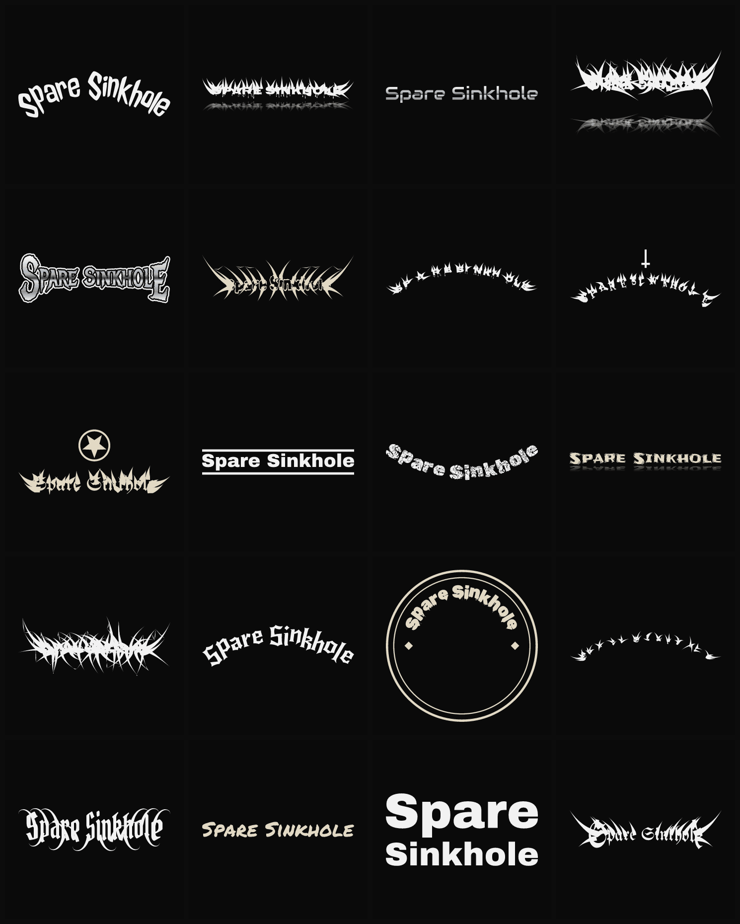 Twenty Spare Sinkhole band logo ideas — different faces, treatments and spike settings