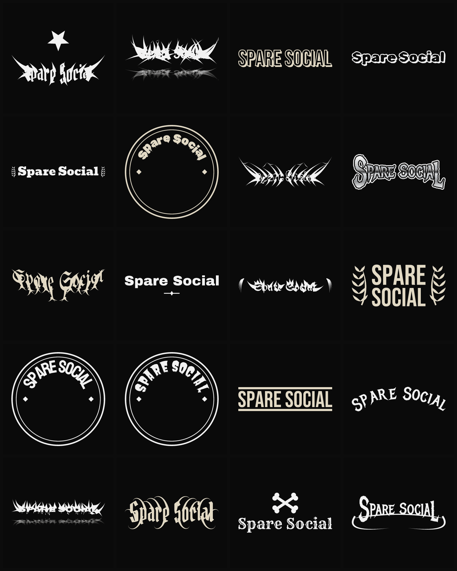 Twenty Spare Social band logo ideas — different faces, treatments and spike settings