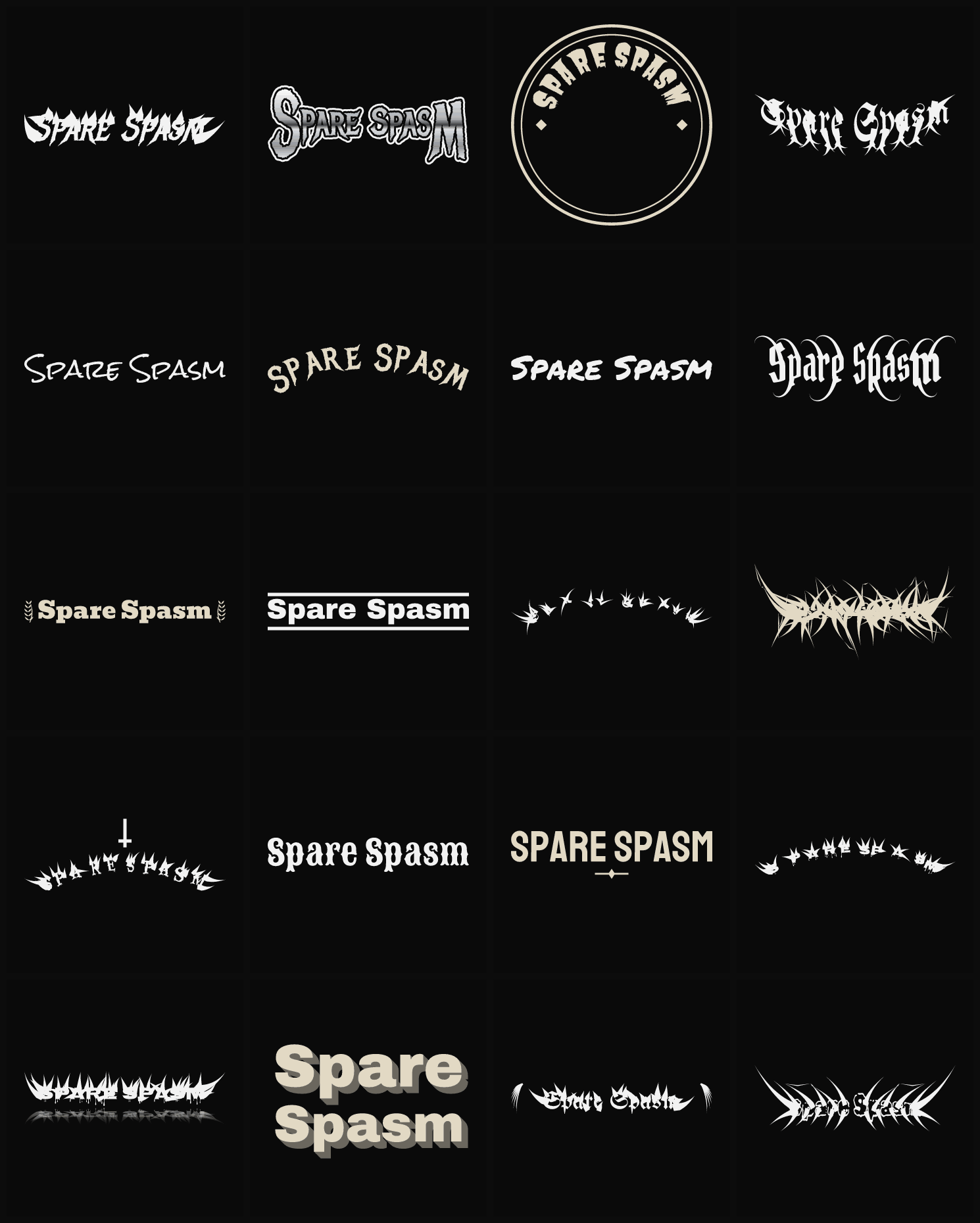 Twenty Spare Spasm band logo ideas — different faces, treatments and spike settings