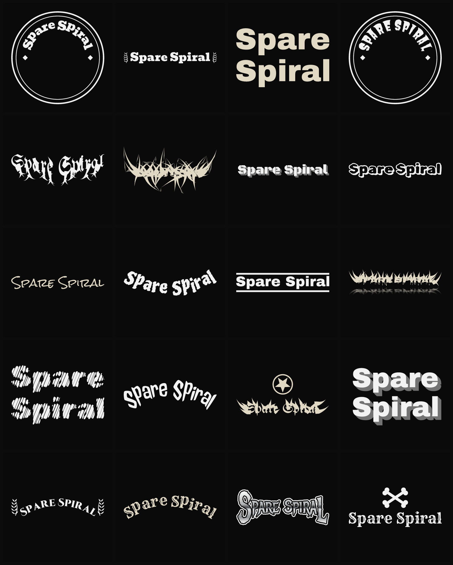 Twenty Spare Spiral band logo ideas — different faces, treatments and spike settings