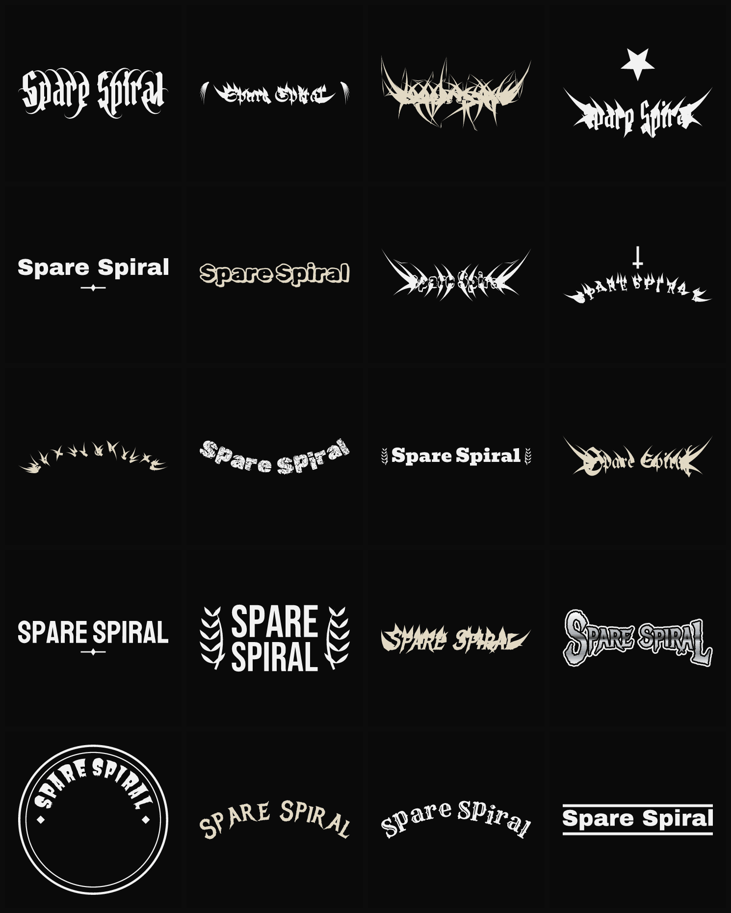 Twenty Spare Spiral band logo ideas — different faces, treatments and spike settings