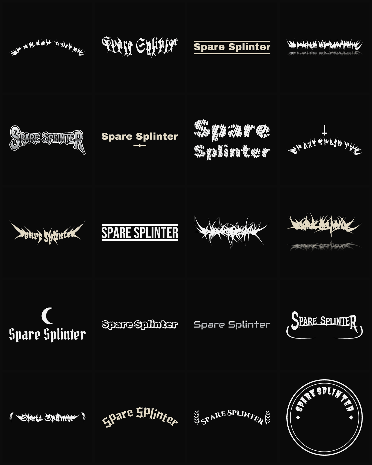 Twenty Spare Splinter band logo ideas — different faces, treatments and spike settings