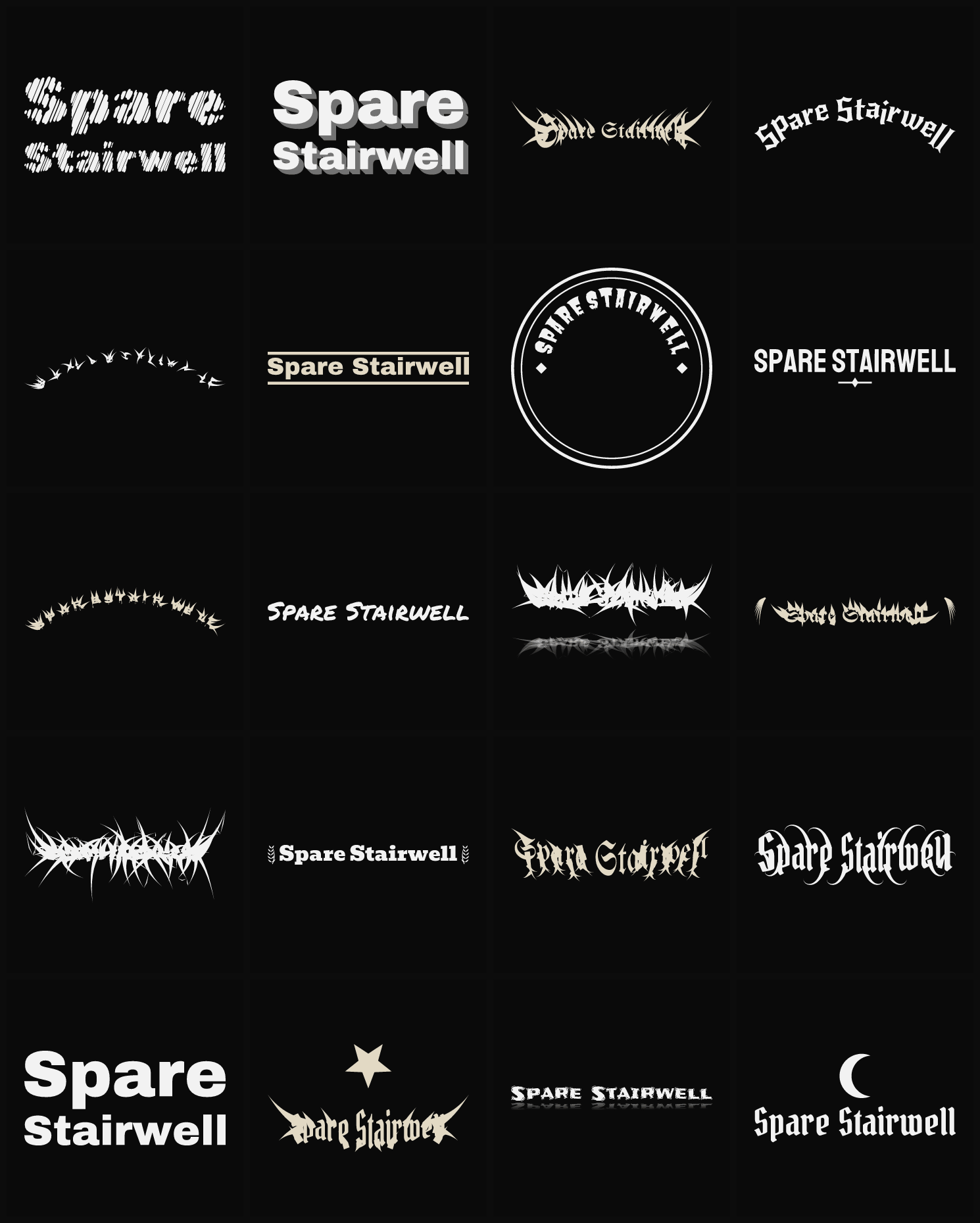 Twenty Spare Stairwell band logo ideas — different faces, treatments and spike settings