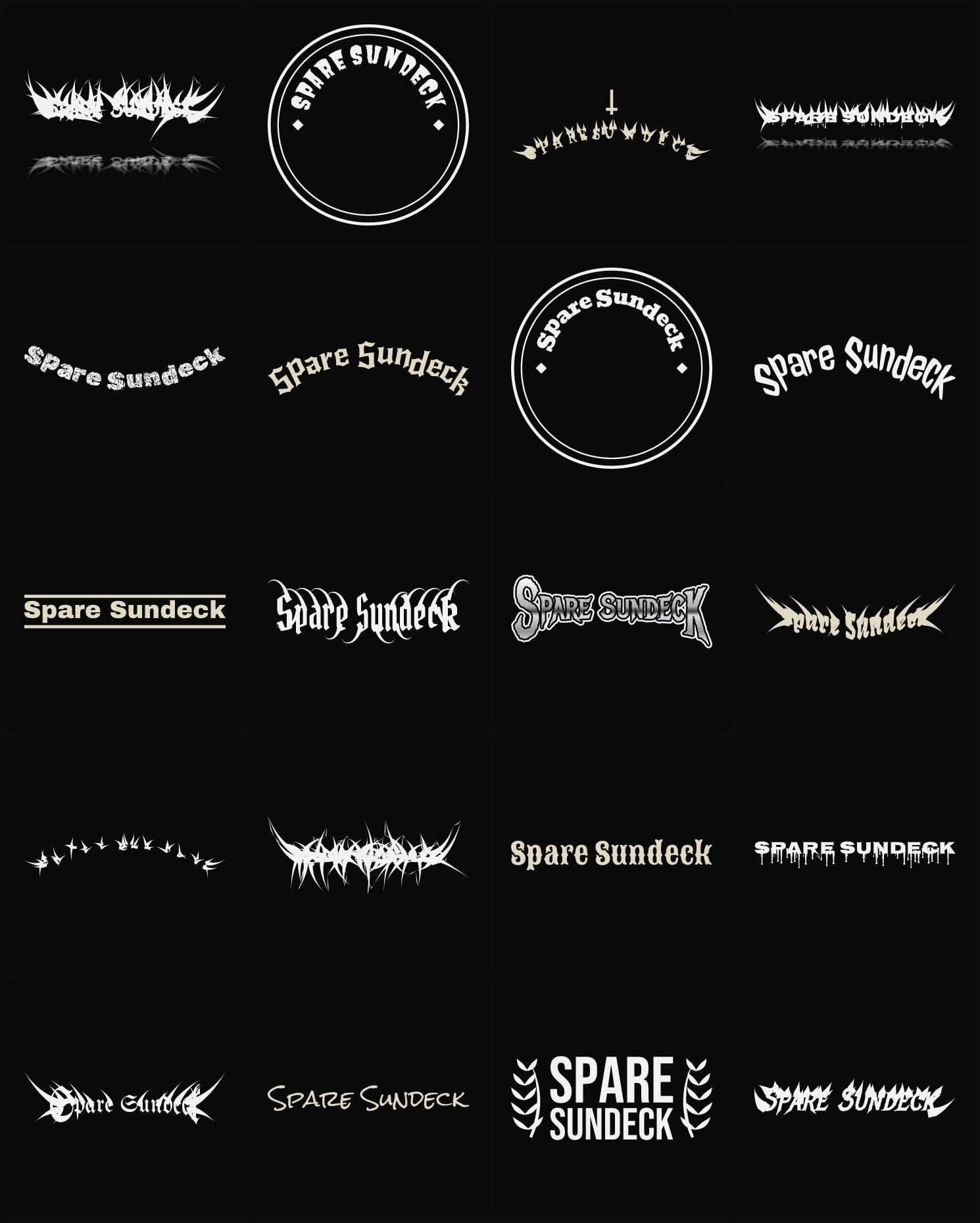 Twenty Spare Sundeck band logo ideas — different faces, treatments and spike settings