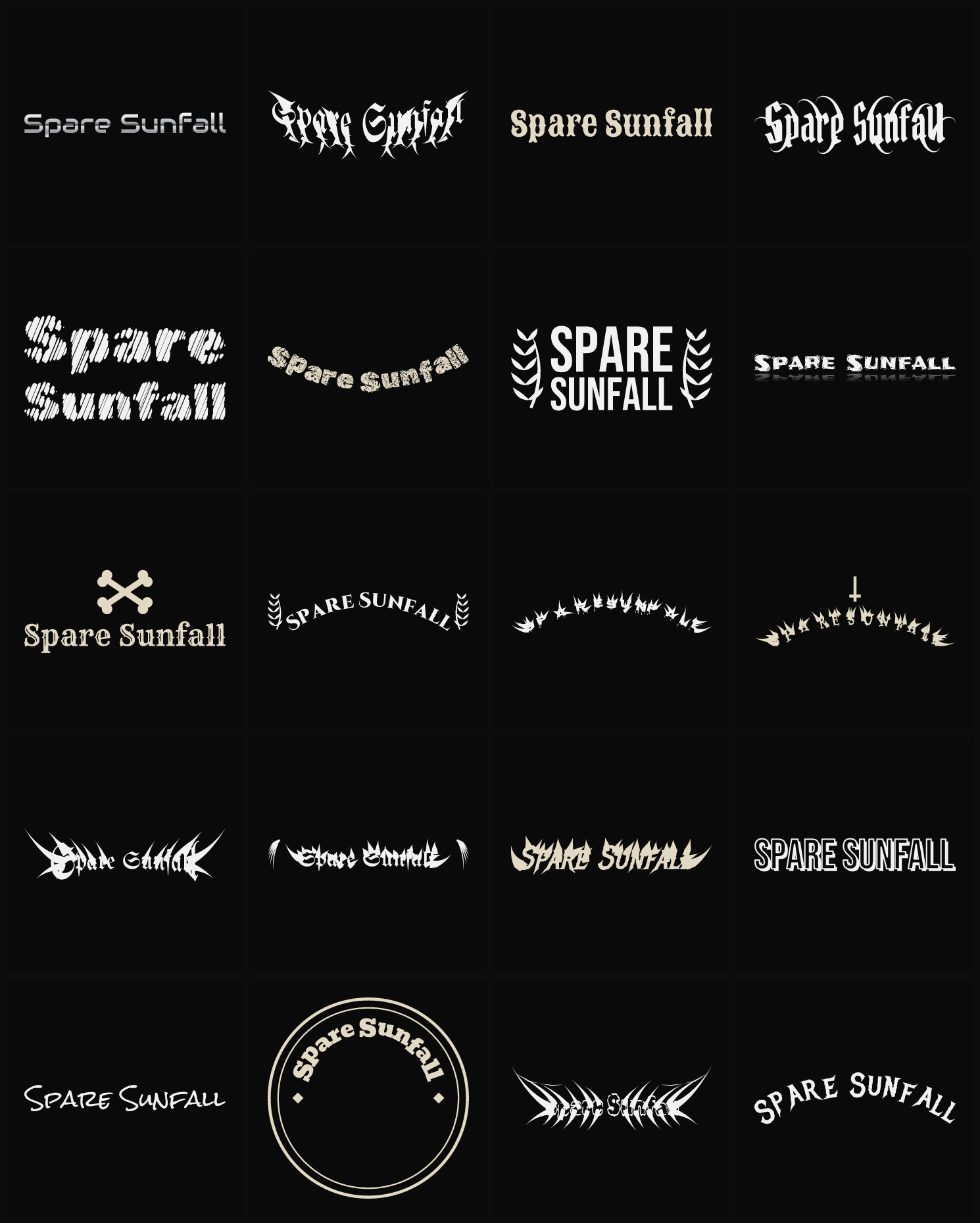 Twenty Spare Sunfall band logo ideas — different faces, treatments and spike settings