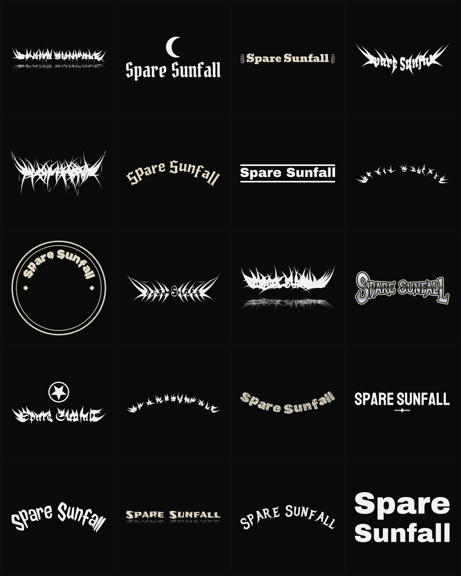 Twenty Spare Sunfall band logo ideas — different faces, treatments and spike settings