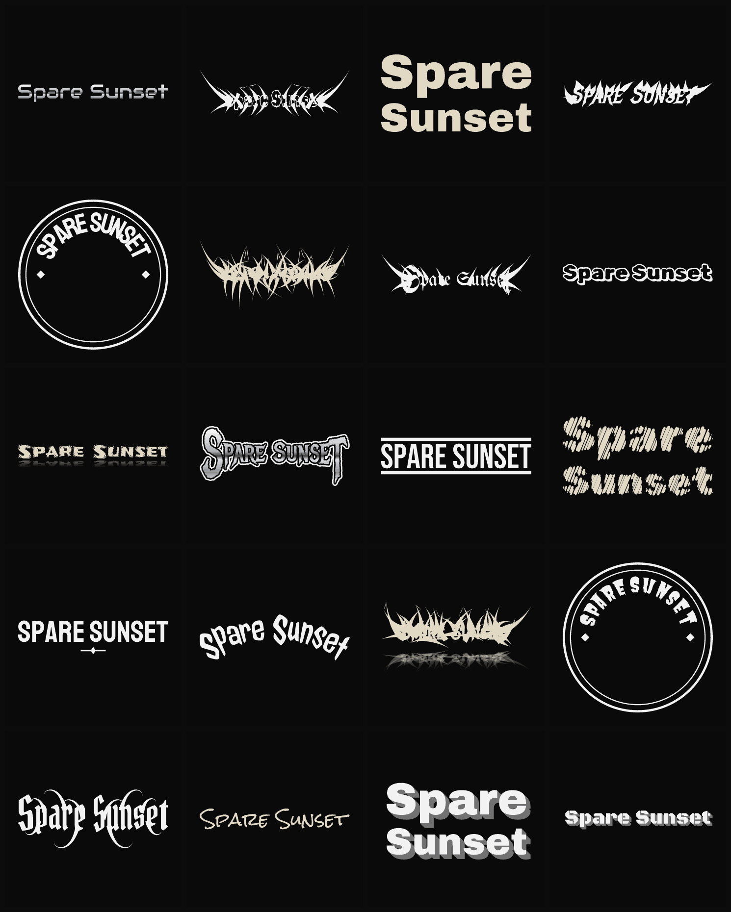 Twenty Spare Sunset band logo ideas — different faces, treatments and spike settings
