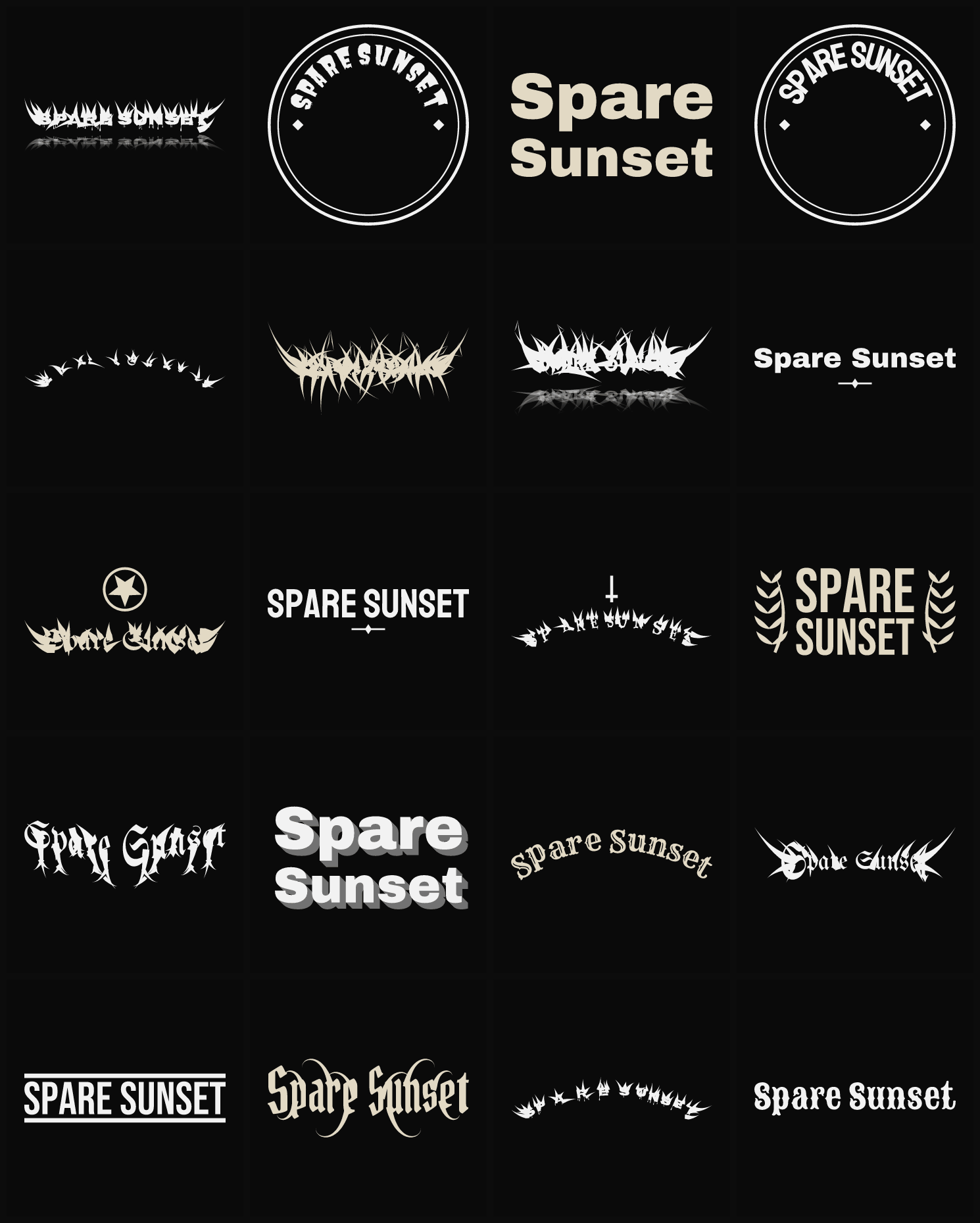 Twenty Spare Sunset band logo ideas — different faces, treatments and spike settings