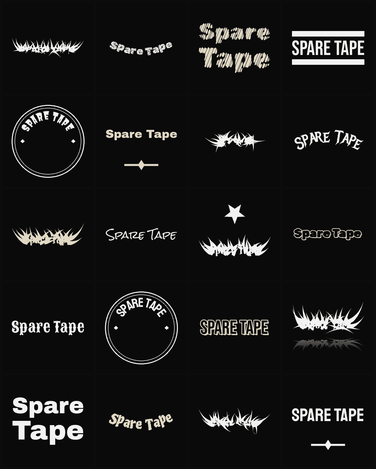 Twenty Spare Tape band logo ideas — different faces, treatments and spike settings