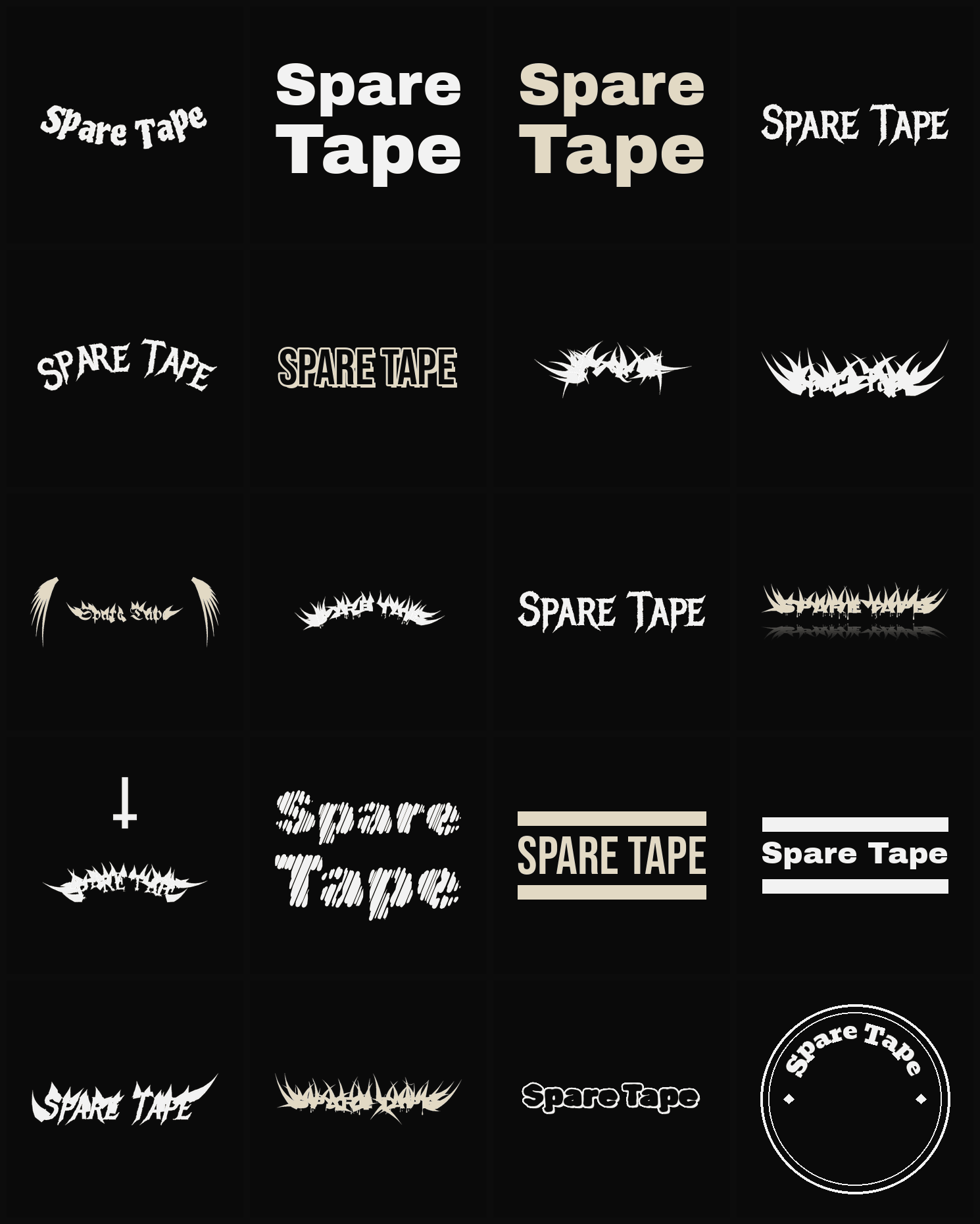 Twenty Spare Tape band logo ideas — different faces, treatments and spike settings
