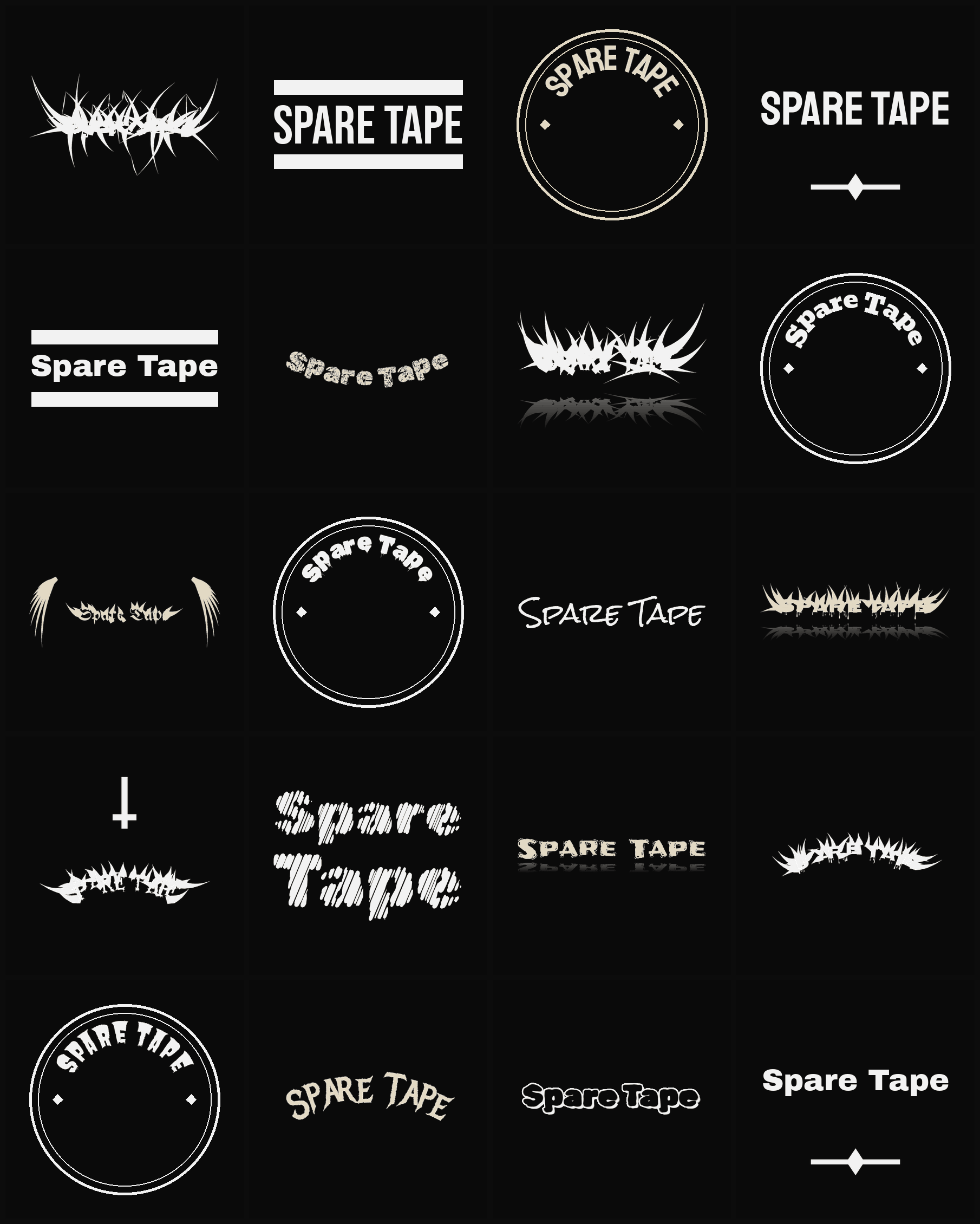 Twenty Spare Tape band logo ideas — different faces, treatments and spike settings
