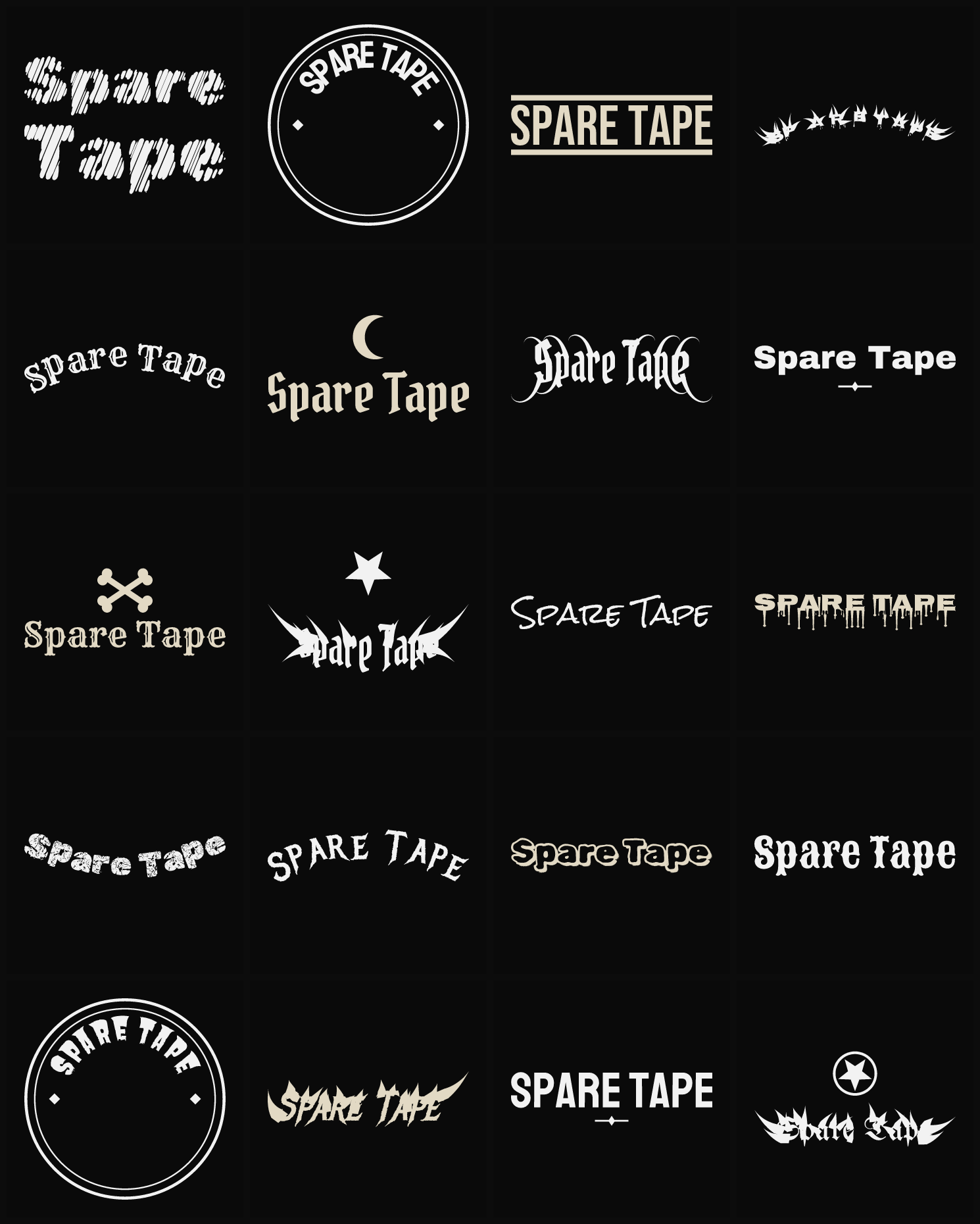 Twenty Spare Tape band logo ideas — different faces, treatments and spike settings