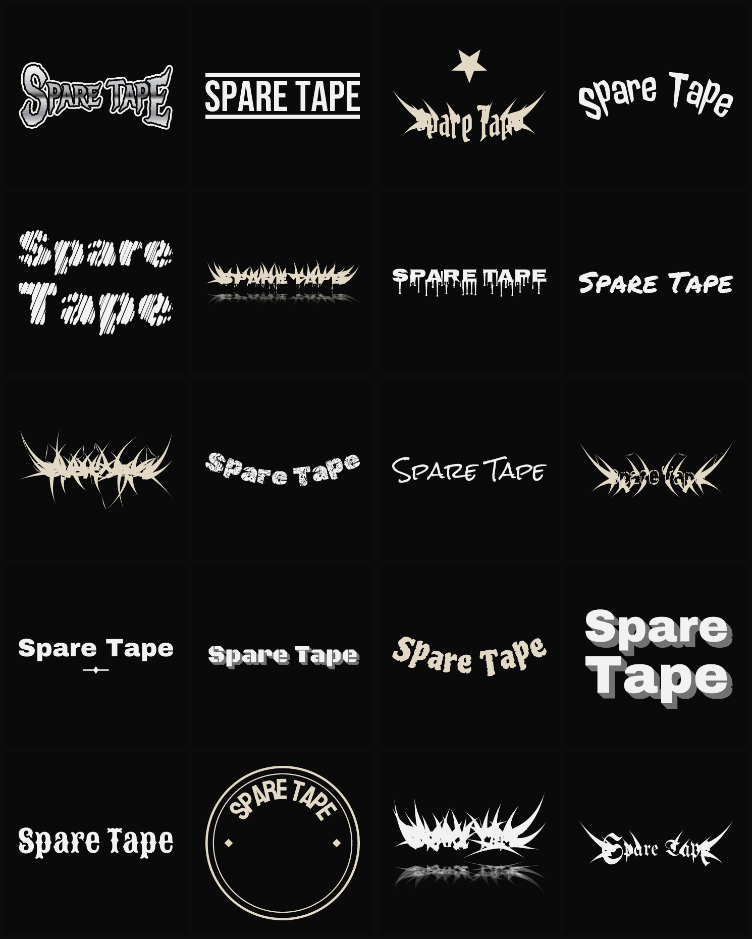 Twenty Spare Tape band logo ideas — different faces, treatments and spike settings