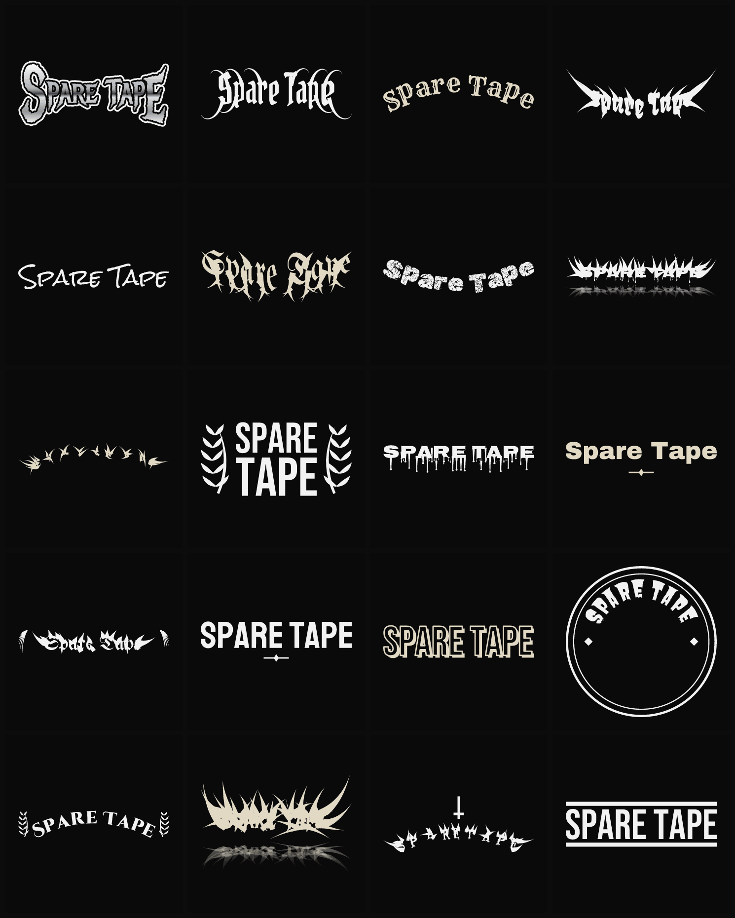 Twenty Spare Tape band logo ideas — different faces, treatments and spike settings