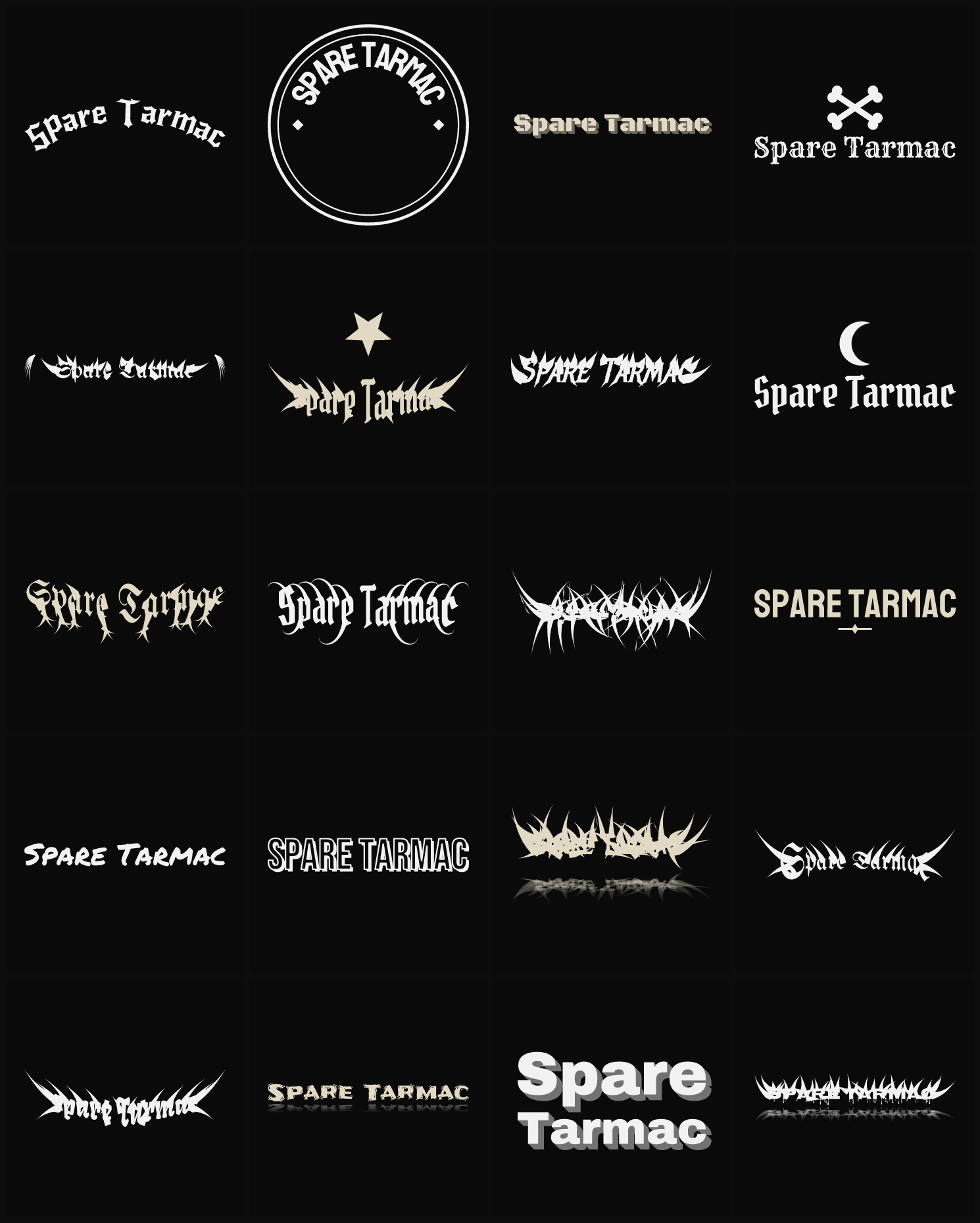 Twenty Spare Tarmac band logo ideas — different faces, treatments and spike settings