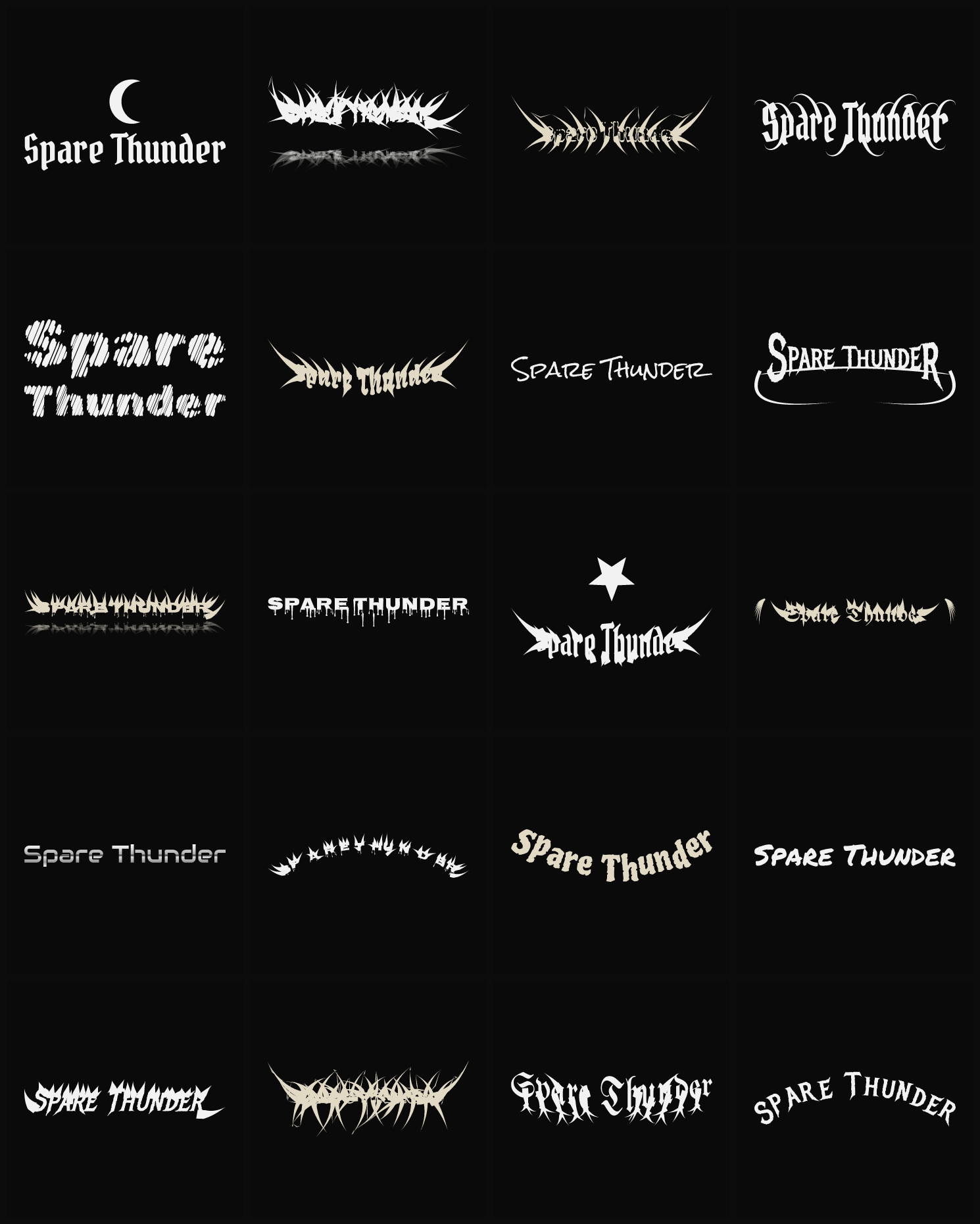 Twenty Spare Thunder band logo ideas — different faces, treatments and spike settings