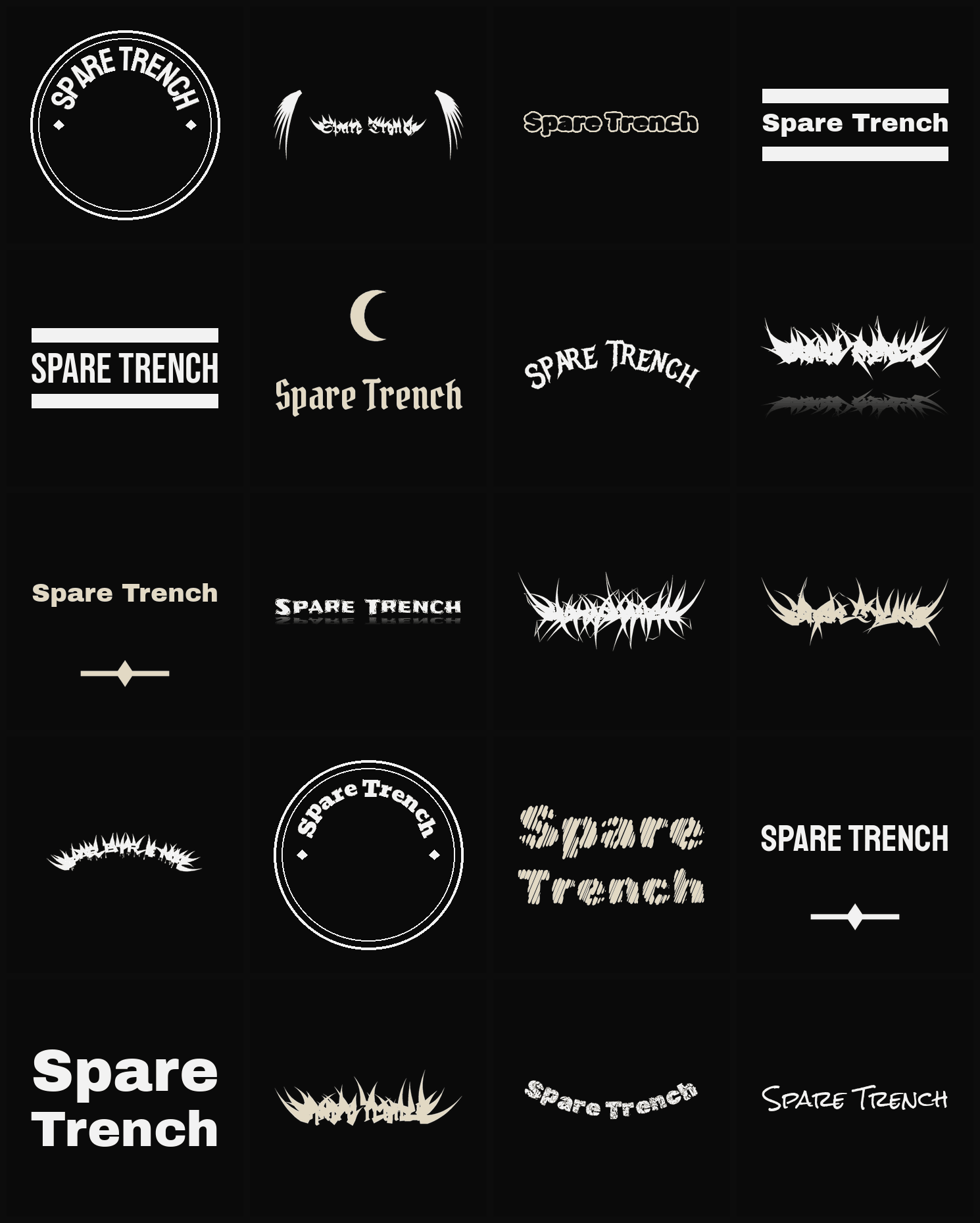 Twenty Spare Trench band logo ideas — different faces, treatments and spike settings