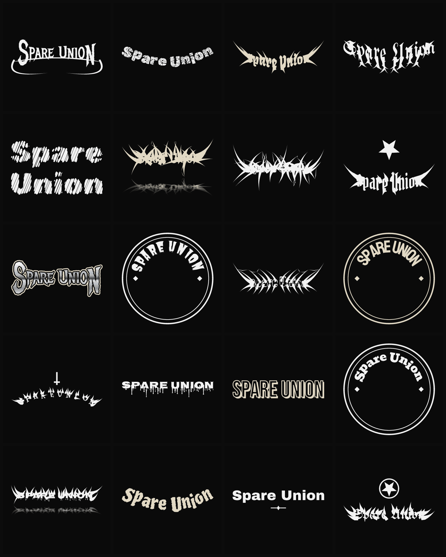 Twenty Spare Union band logo ideas — different faces, treatments and spike settings
