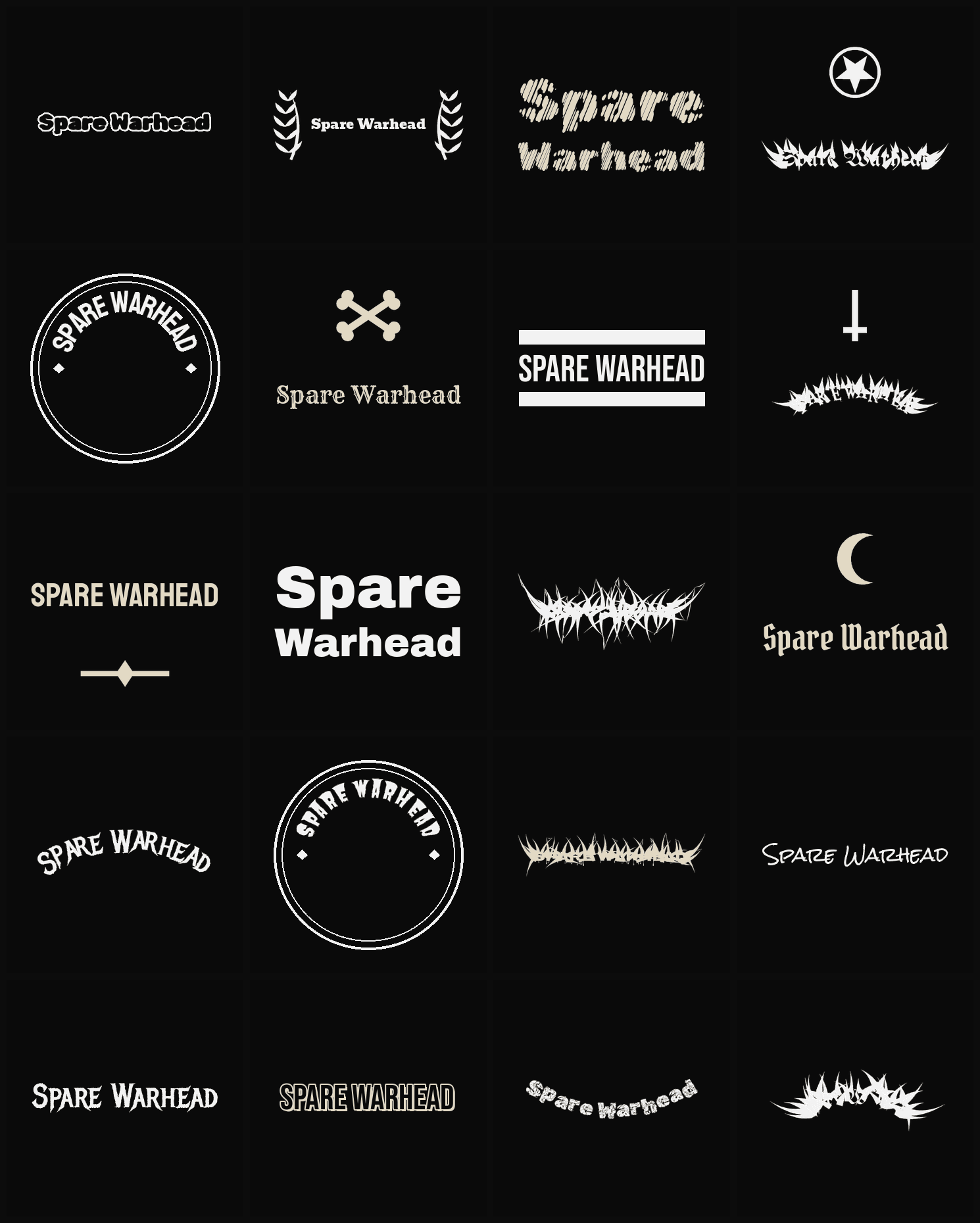 Twenty Spare Warhead band logo ideas — different faces, treatments and spike settings