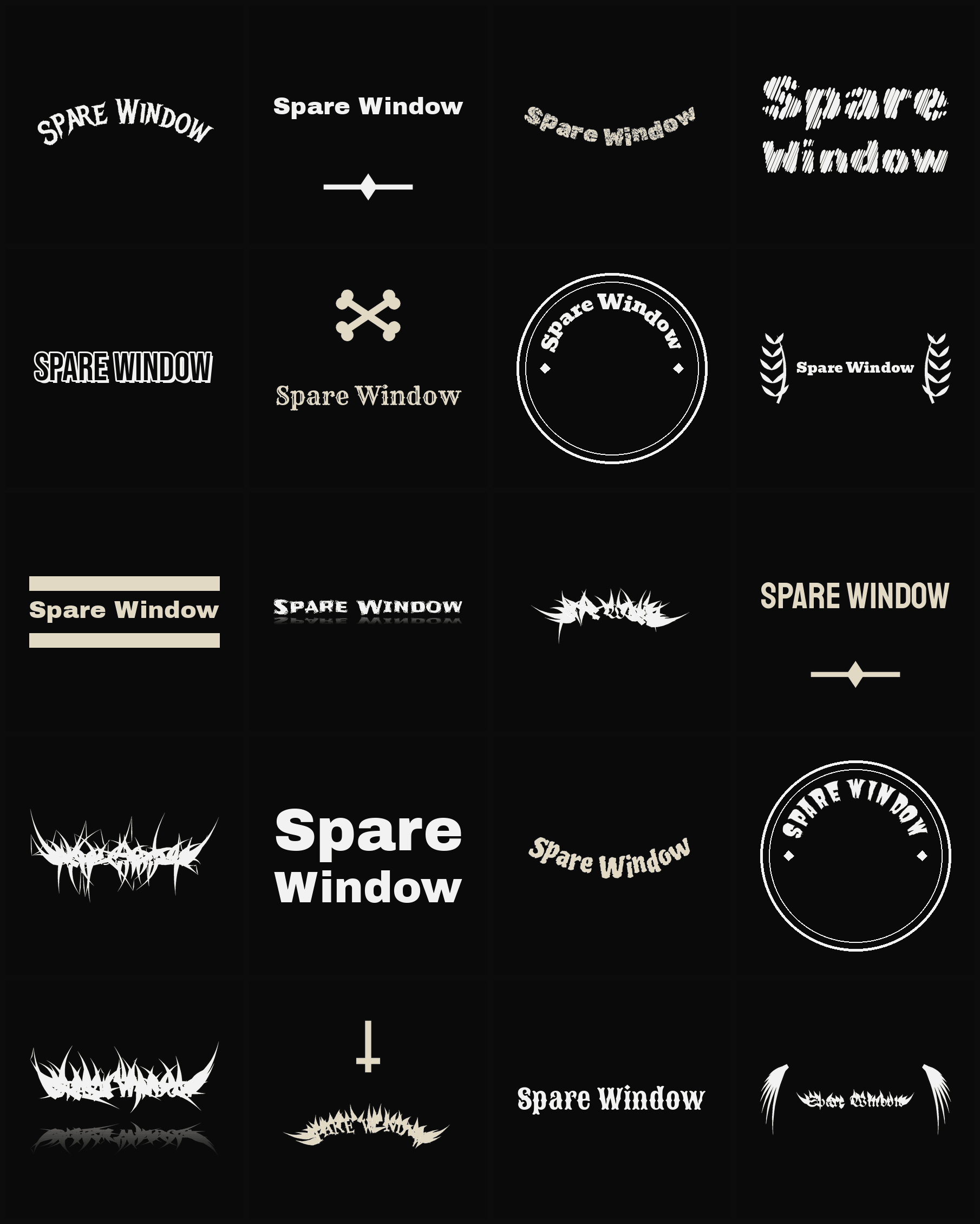 Twenty Spare Window band logo ideas — different faces, treatments and spike settings
