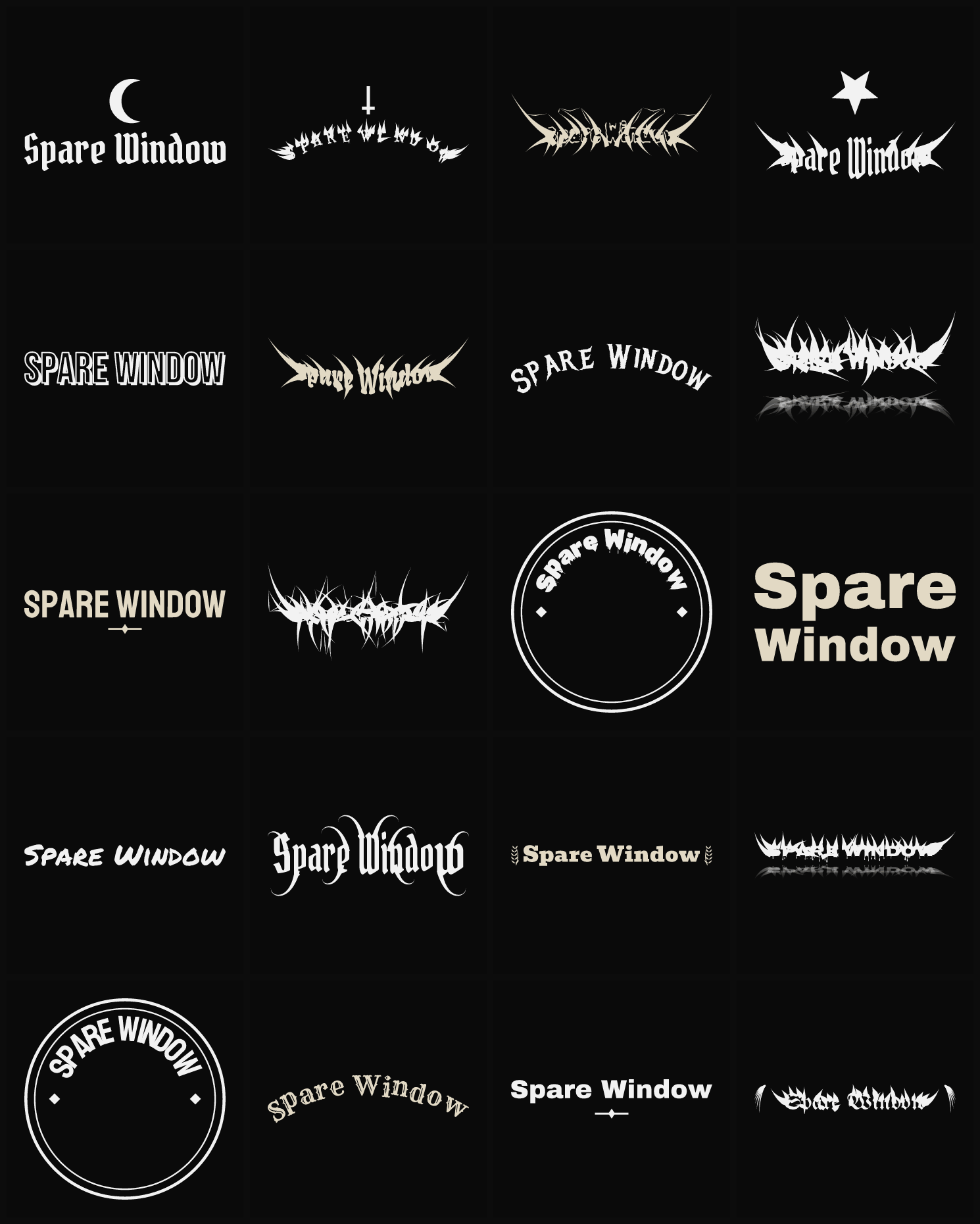 Twenty Spare Window band logo ideas — different faces, treatments and spike settings