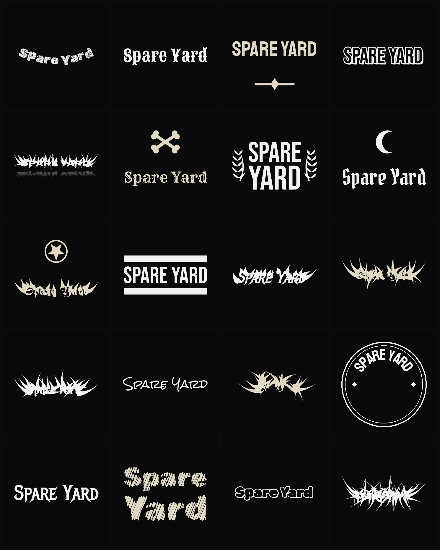 Twenty Spare Yard band logo ideas — different faces, treatments and spike settings