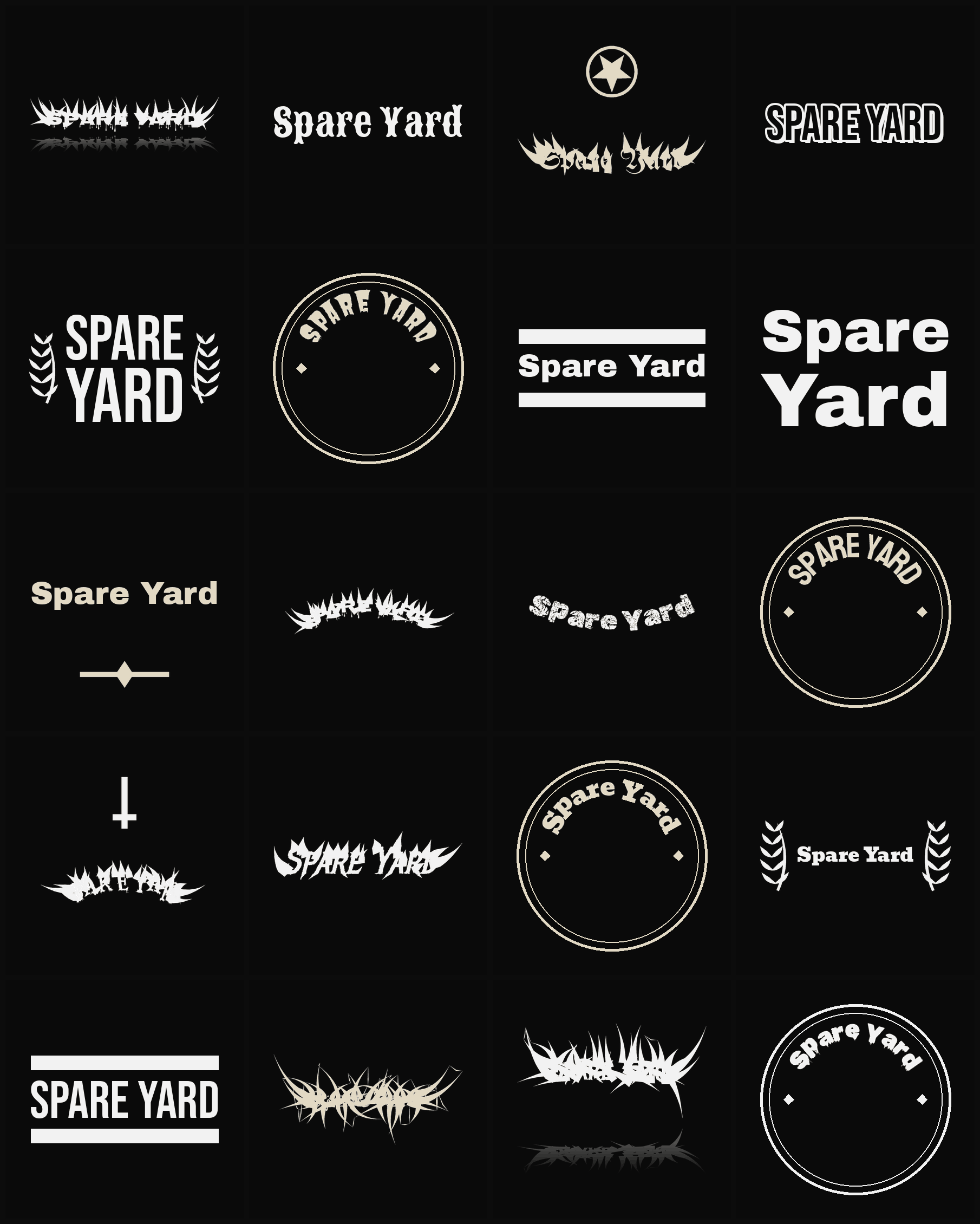 Twenty Spare Yard band logo ideas — different faces, treatments and spike settings
