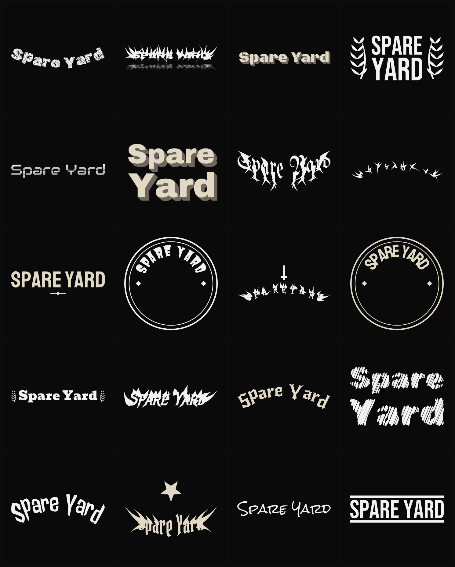 Twenty Spare Yard band logo ideas — different faces, treatments and spike settings