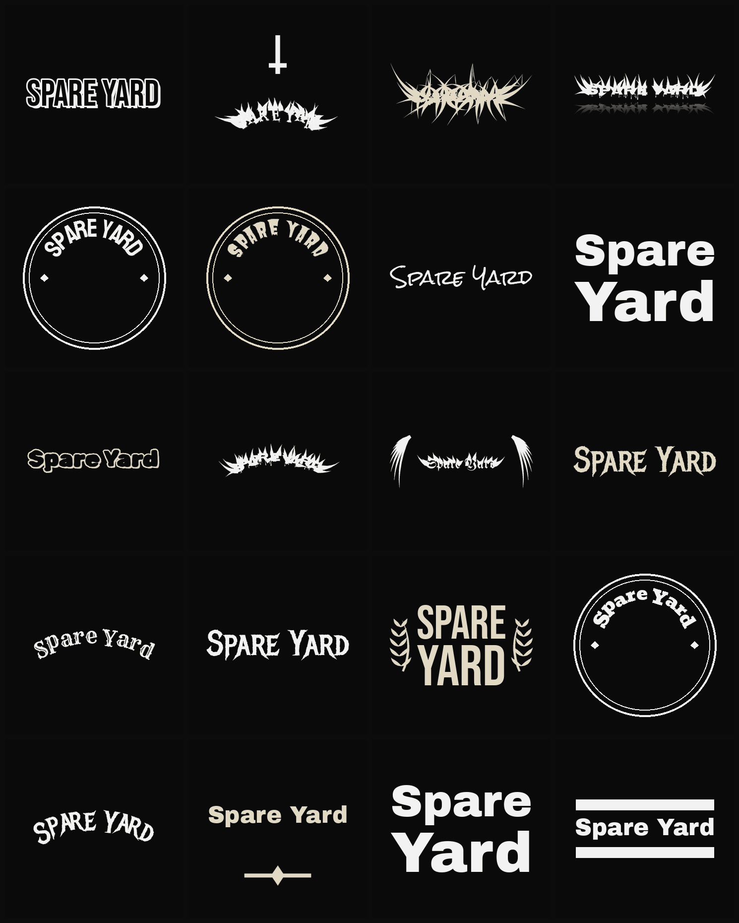 Twenty Spare Yard band logo ideas — different faces, treatments and spike settings