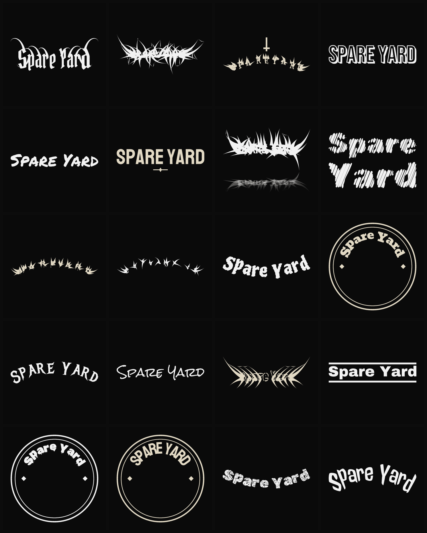 Twenty Spare Yard band logo ideas — different faces, treatments and spike settings