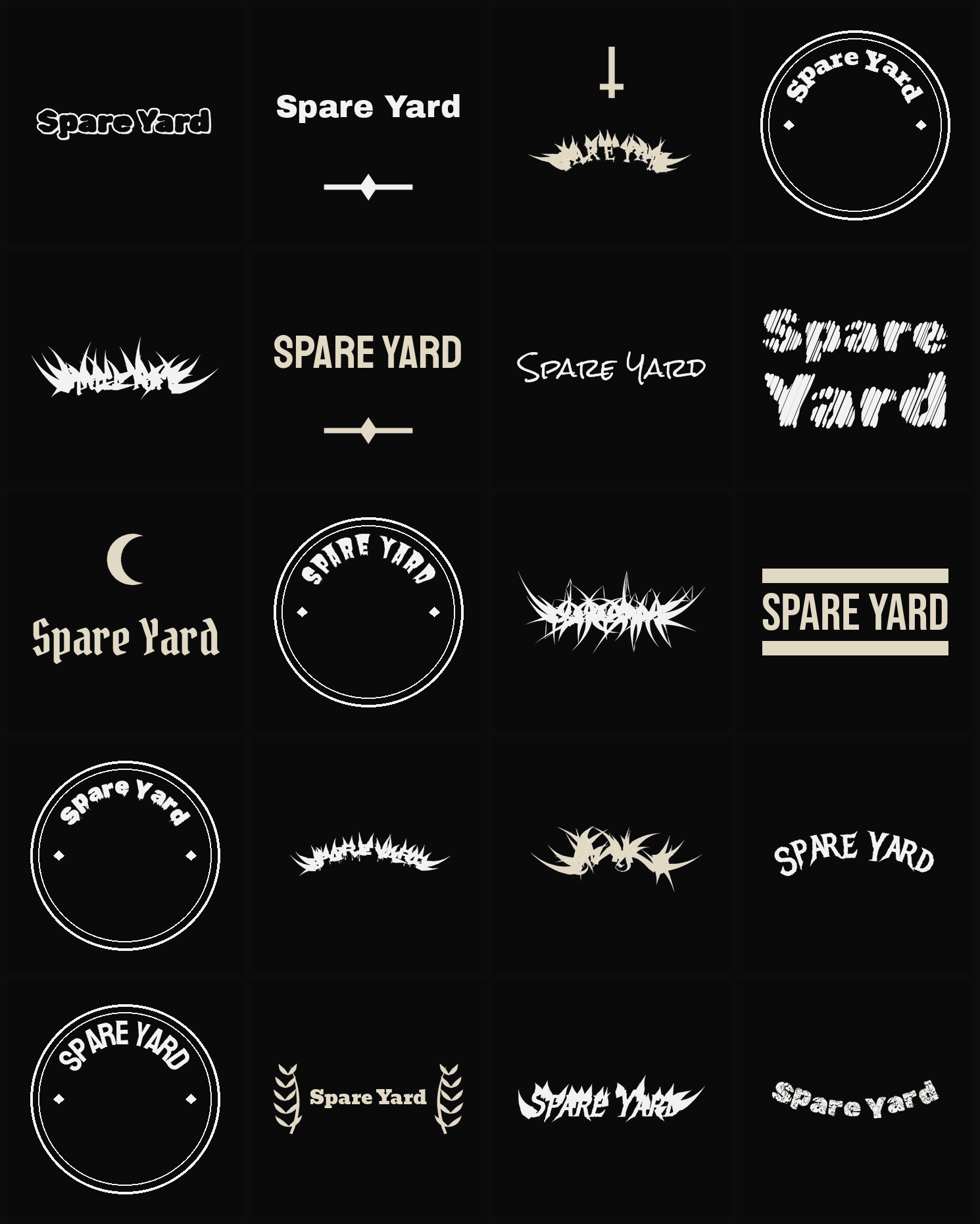 Twenty Spare Yard band logo ideas — different faces, treatments and spike settings