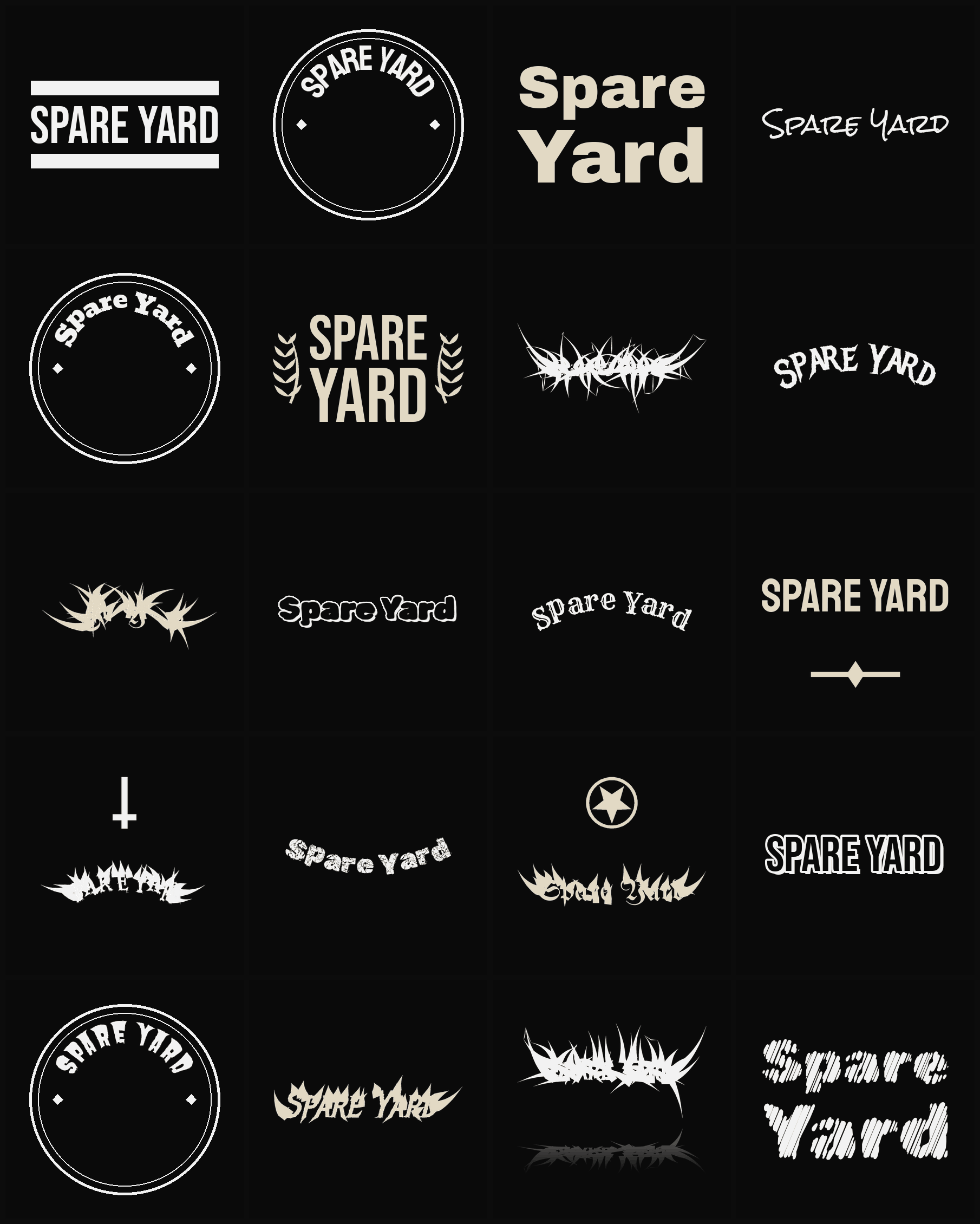 Twenty Spare Yard band logo ideas — different faces, treatments and spike settings