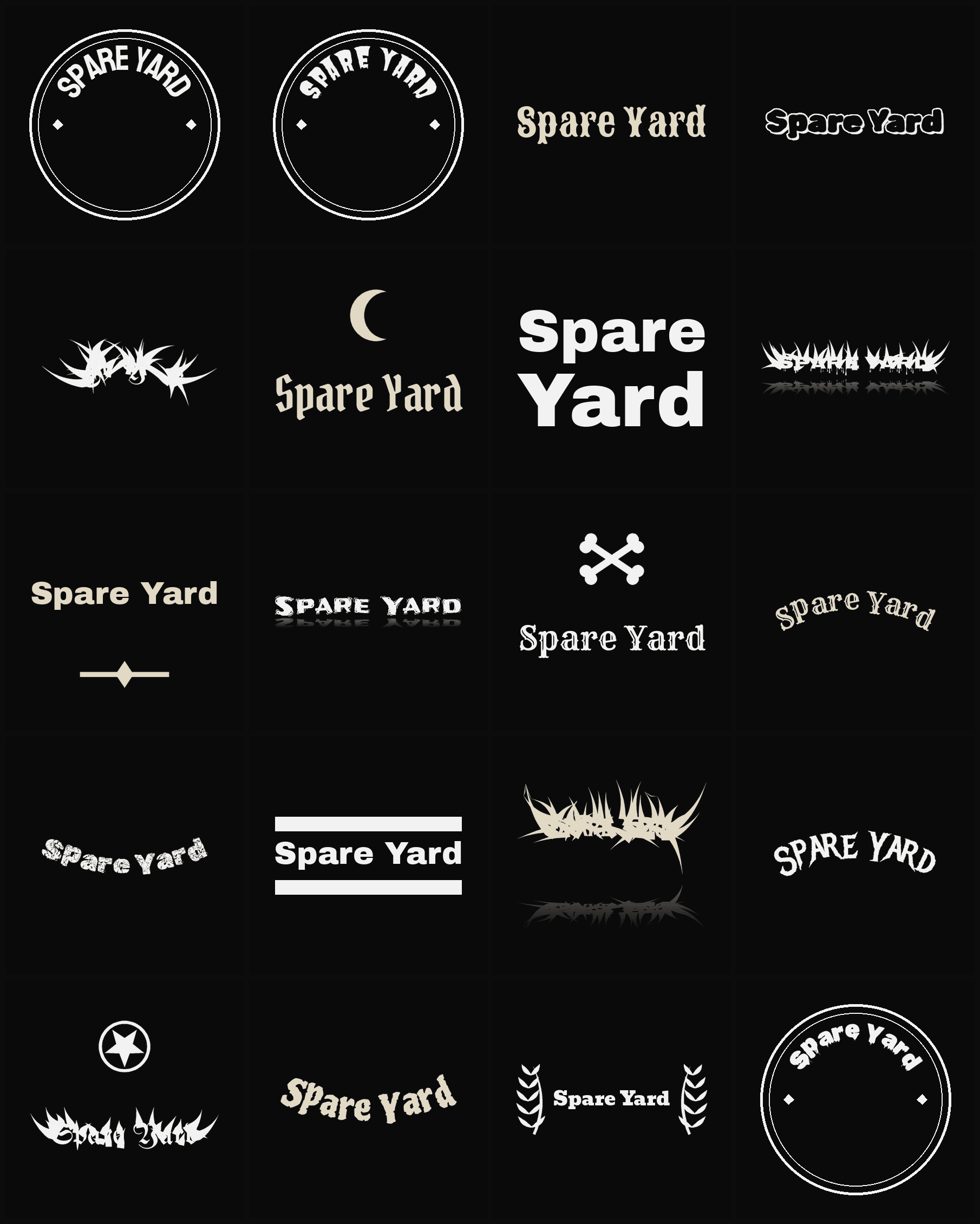 Twenty Spare Yard band logo ideas — different faces, treatments and spike settings