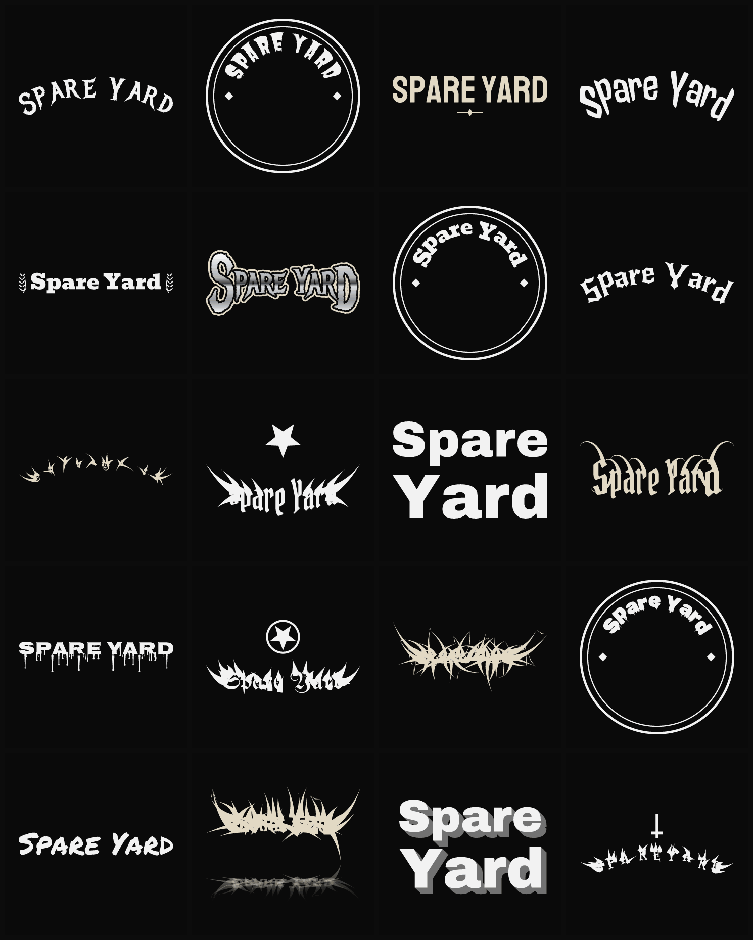 Twenty Spare Yard band logo ideas — different faces, treatments and spike settings