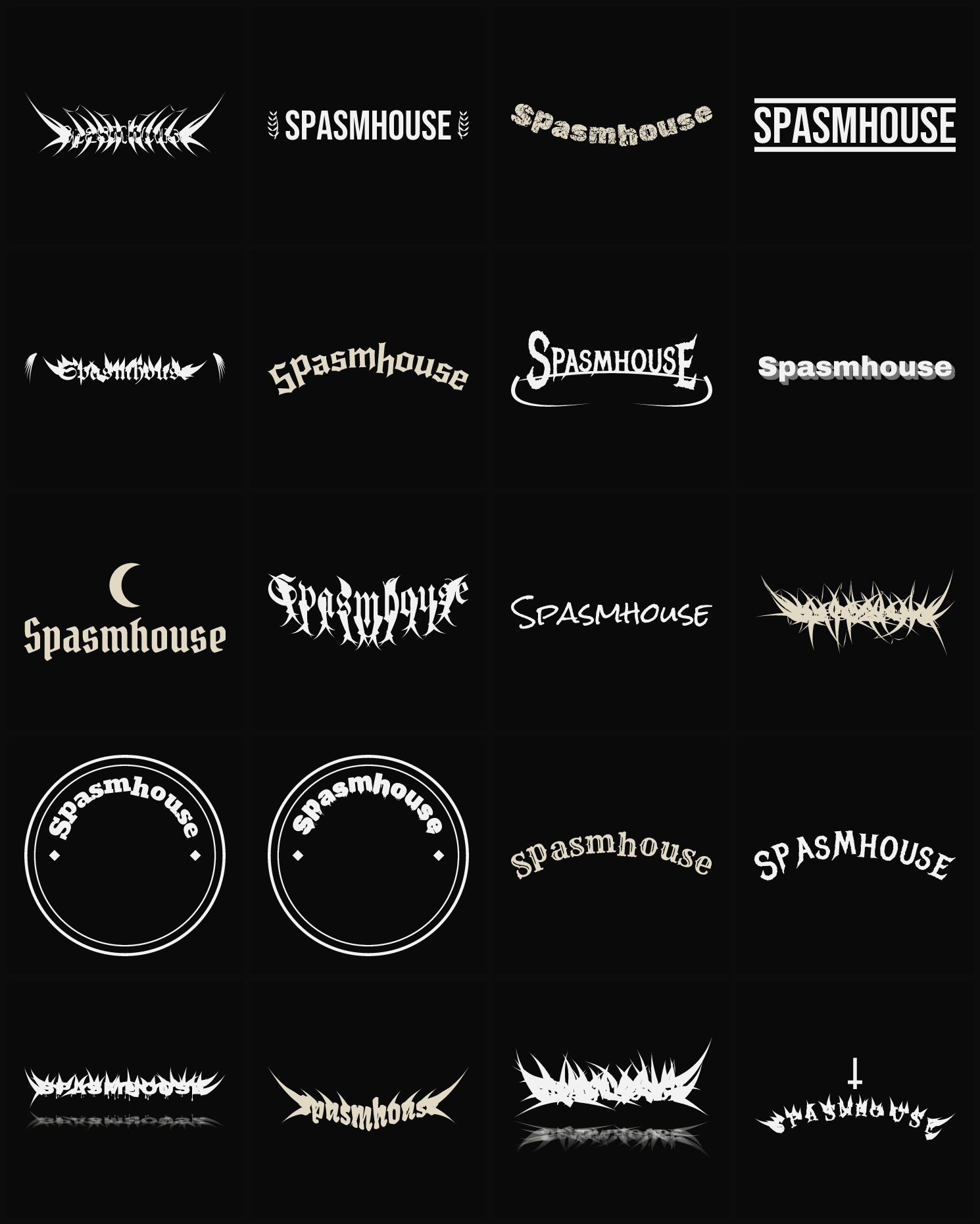 Twenty Spasmhouse band logo ideas — different faces, treatments and spike settings